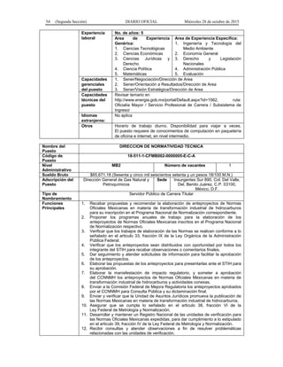 54 (Segunda Sección) DIARIO OFICIAL Miércoles 28 de octubre de 2015
Experiencia
laboral
No. de años: 5
Area de Experiencia
Genérica:
1. Ciencias Tecnológicas
2. Ciencias Económicas
3. Ciencias Jurídicas y
Derecho
4. Ciencia Política
5. Matemáticas
Area de Experiencia Específica:
1. Ingeniería y Tecnología del
Medio Ambiente
2. Economía General
3. Derecho y Legislación
Nacionales
4. Administración Pública
5. Evaluación
Capacidades
gerenciales
del puesto
1. Sener/Negociación/Dirección de Area
2. Sener/Orientación a Resultados/Dirección de Area
3. Sener/Visión Estratégica/Dirección de Area
Capacidades
técnicas del
puesto
Revisar temario en
http://www.energia.gob.mx/portal/Default.aspx?id=1562, ruta:
Oficialía Mayor / Servicio Profesional de Carrera / Subsistema de
Ingreso/
Idiomas
extranjeros:
No aplica
Otros Horario de trabajo diurno. Disponibilidad para viajar a veces.
El puesto requiere de conocimientos de computación en paquetería
de oficina e internet, en nivel intermedio.
Nombre del
Puesto
DIRECCION DE NORMATIVIDAD TECNICA
Código de
Puesto
18-511-1-CFMB002-0000005-E-C-A
Nivel
Administrativo
MB2 Número de vacantes 1
Sueldo Bruto $65,671.18 (Sesenta y cinco mil seiscientos setenta y un pesos 18/100 M.N.)
Adscripción del
Puesto
Dirección General de Gas Natural y
Petroquímicos
Sede Insurgentes Sur 890, Col. Del Valle,
Del. Benito Juárez, C.P. 03100,
México, D.F.
Tipo de
Nombramiento
Servidor Público de Carrera Titular
Funciones
Principales
1. Recabar propuestas y recomendar la elaboración de anteproyectos de Normas
Oficiales Mexicanas en materia de transformación industrial de hidrocarburos
para su inscripción en el Programa Nacional de Normalización correspondiente.
2. Proponer los programas anuales de trabajo para la elaboración de los
anteproyectos de Normas Oficiales Mexicanas inscritos en el Programa Nacional
de Normalización respectivo.
3. Verificar que los trabajos de elaboración de las Normas se realicen conforme a lo
señalado en el articulo 33, fracción IX de la Ley Orgánica de la Administración
Pública Federal.
4. Verificar que los anteproyectos sean distribuidos con oportunidad por todos los
integrante del STIH para recabar observaciones o comentarios finales.
5. Dar seguimiento y atender solicitudes de información para facilitar la aprobación
de los anteproyectos.
6. Elaborar las propuestas de los anteproyectos para presentarlas ante el STIH para
su aprobación.
7. Elaborar la manisfestación de impacto regulatorio, y someter a aprobación
del CCNNMH los anteproyectos de Normas Oficiales Mexicanas en materia de
transformación industrial de hidrocarburos y actividades conexas.
8. Enviar a la Comisión Federal de Mejora Regulatoria los anteproyectos aprobados
por el CCNNMH para Consulta Pública y su dictaminación final.
9. Enviar y verificar que la Unidad de Asuntos Jurídicos promueva la publicación de
las Normas Mexicanas en materia de transformación industrial de hidrocarburos.
10. Asegurar que se cumpla lo señalado en el articulo 38, fracción VI de la
Ley Federal de Metrología y Normalización.
11. Desarrollar y mantener un Registro Nacional de las unidades de verificación para
las Normas Oficiales Mexicanas expedidas, para dar cumplimiento a lo estipulado
en el articulo 39, fracción IV de la Ley Federal de Metrología y Normalización.
12. Recibir consultas y atender observaciones a fin de resulver problemáticas
relacionadas con las unidades de verificación.
 
