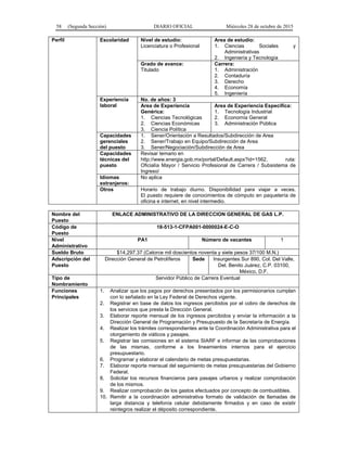 58 (Segunda Sección) DIARIO OFICIAL Miércoles 28 de octubre de 2015
Perfil Escolaridad Nivel de estudio:
Licenciatura o Profesional
Area de estudio:
1. Ciencias Sociales y
Administrativas
2. Ingeniería y Tecnología
Grado de avance:
Titulado
Carrera:
1. Administración
2. Contaduría
3. Derecho
4. Economía
5. Ingeniería
Experiencia
laboral
No. de años: 3
Area de Experiencia
Genérica:
1. Ciencias Tecnológicas
2. Ciencias Económicas
3. Ciencia Política
Area de Experiencia Específica:
1. Tecnología Industrial
2. Economía General
3. Administración Pública
Capacidades
gerenciales
del puesto
1. Sener/Orientación a Resultados/Subdirección de Area
2. Sener/Trabajo en Equipo/Subdirección de Area
3. Sener/Negociación/Subdirección de Area
Capacidades
técnicas del
puesto
Revisar temario en
http://www.energia.gob.mx/portal/Default.aspx?id=1562, ruta:
Oficialía Mayor / Servicio Profesional de Carrera / Subsistema de
Ingreso/
Idiomas
extranjeros:
No aplica
Otros Horario de trabajo diurno. Disponibilidad para viajar a veces.
El puesto requiere de conocimientos de cómputo en paquetería de
oficina e internet, en nivel intermedio.
Nombre del
Puesto
ENLACE ADMINISTRATIVO DE LA DIRECCION GENERAL DE GAS L.P.
Código de
Puesto
18-513-1-CFPA001-0000024-E-C-O
Nivel
Administrativo
PA1 Número de vacantes 1
Sueldo Bruto $14,297.37 (Catorce mil doscientos noventa y siete pesos 37/100 M.N.)
Adscripción del
Puesto
Dirección General de Petrolíferos Sede Insurgentes Sur 890, Col. Del Valle,
Del. Benito Juárez, C.P. 03100,
México, D.F.
Tipo de
Nombramiento
Servidor Público de Carrera Eventual
Funciones
Principales
1. Analizar que los pagos por derechos presentados por los permisionarios cumplan
con lo señalado en la Ley Federal de Derechos vigente.
2. Registrar en base de datos los ingresos percibidos por el cobro de derechos de
los servicios que presta la Dirección General.
3. Elaborar reporte mensual de los ingresos percibidos y enviar la información a la
Dirección General de Programación y Presupuesto de la Secretaría de Energía.
4. Realizar los trámites correspondientes ante la Coordinación Administrativa para el
otorgamiento de viáticos y pasajes.
5. Registrar las comisiones en el sistema SIARF e informar de las comprobaciones
de las mismas, conforme a los lineamientos internos para el ejercicio
presupuestario.
6. Programar y elaborar el calendario de metas presupuestarias.
7. Elaborar reporte mensual del seguimiento de metas presupuestarias del Gobierno
Federal.
8. Solicitar los recursos financieros para pasajes urbanos y realizar comprobación
de los mismos.
9. Realizar comprobación de los gastos efectuados por concepto de combustibles.
10. Remitir a la coordinación administrativa formato de validación de llamadas de
larga distancia y telefonía celular debidamente firmados y en caso de existir
reintegros realizar el déposito correspondiente.
 