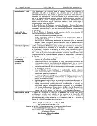 68 (Segunda Sección) DIARIO OFICIAL Miércoles 28 de octubre de 2015
Determinación y fallo La/el ganadora/or del concurso será la persona finalista que obtenga la
calificación más alta en el proceso de selección; es decir, la de mayor
calificación definitiva. En el supuesto de que la/el ganadora/or inicial comunique
por escrito a la Secretaría de Energía su decisión de no ocupar el puesto o bien
que no se presente a tomar posesión y ejercer las funciones del mismo en la
fecha señalada, el Comité Técnico de Selección, en su caso, determinará a la/el
finalista con la siguiente mayor calificación definitiva, quien podrá llegar a
ocupar el puesto sujeto a concurso.
La Dirección General de Recursos Humanos, Materiales y Servicios Generales
difundirá en www.trabajaen.gob.mx y en www.energia.gob.mx el nombre de la/el
ganadora/or del concurso y su folio. Así mismo, registrará en su caso la reserva
de aspirantes.
Declaración de
Concurso Desierto
El Comité Técnico de Selección podrá, considerando las circunstancias del
caso, declarar desierto un concurso cuando:
• Ningún candidato/a se presente al concurso.
• Ningún candidato/a obtenga el puntaje mínimo de calificación para ser
considerada/o finalista.
• Sólo una o un finalista pase a la etapa de determinación y en ésta sea
vetada/o, o bien, no obtenga la mayoría de los votos de las/los miembros
del Comité Técnico de Selección.
Reserva de aspirantes Las/los candidatas/os finalistas que no resulten ganadoras/es en el concurso,
integrarán la reserva de aspirantes de la Secretaría de Energía. Para los fines
de constitución y operación de la reserva no existirá orden de prelación alguno
entre las/los integrantes de la misma. Esta reserva tendrá una vigencia de un
año a partir de la publicación de los resultados finales del concurso de que se
trate y sólo podrá ser considerada para procesos de selección en la Secretaría
de Energía.
Publicación de
resultados y
disposiciones
generales
1. En www.trabajaen.gob.mx podrán consultarse los detalles sobre el
concurso de los puestos vacantes.
2. Durante el concurso los resultados de cada etapa serán publicados en
www.trabajaen.gob.mx identificándose a cada candidata/o con su número
de folio y en www.energia.gob.mx a la/el ganadora/or de cada concurso.
3. Los datos personales de las/los candidatos son confidenciales aún después
de concluido el concurso.
4. Cada candidata/o se responsabilizará de los traslados y gastos erogados
como consecuencia de su participación en actividades relacionadas con
motivo de la presente convocatoria.
5. De acuerdo al principio de equidad no procederá la reprogramación de las
fechas para la aplicación de cualquiera de las etapas del concurso a
petición de las/los candidatos.
6. Cualquier aspecto no previsto en la presente convocatoria será resuelto por
el Comité Técnico de Selección conforme a las disposiciones aplicables.
7. Las/los candidatas/os podrán presentar Inconformidad o Recurso de
Revocación, previstos en los términos de la LSPCAPF y de su Reglamento,
ante el Area de Quejas del Organo Interno de Control en la Secretaría de
Energía, en Insurgentes Sur 890, 5º Piso, Col. Del Valle, Delegación Benito
Juárez, C.P. 03100, México, D.F., de 9:00 a 15:00 hrs, tiempo del centro.
Resolución de Dudas A efecto de garantizar la atención y resolución de dudas que las/los
candidatas/os formulen con relación a los puestos y el desarrollo del
proceso de selección, se encuentra disponible el correo electrónico
opadilla@energia.gob.mx y el teléfono (01-55) 5000-6000 ext. 3111, de lunes a
viernes de 9:00 a 17:00 horas, tiempo del centro.
México, Distrito Federal, a 28 de octubre de 2015.
El Comité Técnico de Selección
Sistema de Servicio Profesional de Carrera en la Secretaría de Energía
“Igualdad de Oportunidades, Mérito y Servicio”
Por acuerdo de los Comités Técnicos de Selección,
el Secretario Técnico:
Lic. Ignacio Cabrera González
Rúbrica.
 