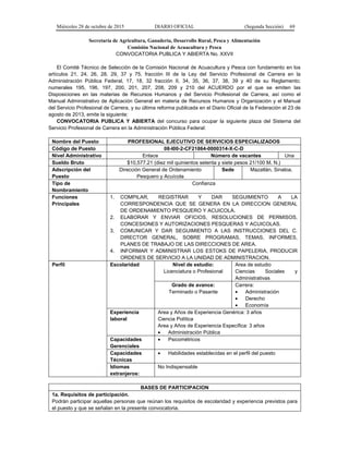 Miércoles 28 de octubre de 2015 DIARIO OFICIAL (Segunda Sección) 69
Secretaría de Agricultura, Ganadería, Desarrollo Rural, Pesca y Alimentación
Comisión Nacional de Acuacultura y Pesca
CONVOCATORIA PUBLICA Y ABIERTA No. XXVII
El Comité Técnico de Selección de la Comisión Nacional de Acuacultura y Pesca con fundamento en los
artículos 21, 24, 26, 28, 29, 37 y 75, fracción III de la Ley del Servicio Profesional de Carrera en la
Administración Pública Federal, 17, 18, 32 fracción II, 34, 35, 36, 37, 38, 39 y 40 de su Reglamento;
numerales 195, 196, 197, 200, 201, 207, 208, 209 y 210 del ACUERDO por el que se emiten las
Disposiciones en las materias de Recursos Humanos y del Servicio Profesional de Carrera, así como el
Manual Administrativo de Aplicación General en materia de Recursos Humanos y Organización y el Manual
del Servicio Profesional de Carrera, y su última reforma publicada en el Diario Oficial de la Federación el 23 de
agosto de 2013, emite la siguiente:
CONVOCATORIA PUBLICA Y ABIERTA del concurso para ocupar la siguiente plaza del Sistema del
Servicio Profesional de Carrera en la Administración Pública Federal:
Nombre del Puesto PROFESIONAL EJECUTIVO DE SERVICIOS ESPECIALIZADOS
Código de Puesto 08-I00-2-CF21864-0000314-X-C-D
Nivel Administrativo Enlace Número de vacantes Una
Sueldo Bruto $10,577.21 (diez mil quinientos setenta y siete pesos 21/100 M. N.)
Adscripción del
Puesto
Dirección General de Ordenamiento
Pesquero y Acuícola
Sede Mazatlán, Sinaloa.
Tipo de
Nombramiento
Confianza
Funciones
Principales
1. COMPILAR, REGISTRAR Y DAR SEGUIMIENTO A LA
CORRESPONDENCIA QUE SE GENERA EN LA DIRECCION GENERAL
DE ORDENAMIENTO PESQUERO Y ACUICOLA.
2. ELABORAR Y ENVIAR OFICIOS, RESOLUCIONES DE PERMISOS,
CONCESIONES Y AUTORIZACIONES PESQUERAS Y ACUICOLAS.
3. COMUNICAR Y DAR SEGUIMIENTO A LAS INSTRUCCIONES DEL C.
DIRECTOR GENERAL, SOBRE PROGRAMAS, TEMAS, INFORMES,
PLANES DE TRABAJO DE LAS DIRECCIONES DE AREA.
4. INFORMAR Y ADMINISTRAR LOS ESTOKS DE PAPELERIA, PRODUCIR
ORDENES DE SERVICIO A LA UNIDAD DE ADMINISTRACION.
Perfil Escolaridad Nivel de estudio:
Licenciatura o Profesional
Area de estudio
Ciencias Sociales y
Administrativas
Grado de avance:
Terminado o Pasante
Carrera:
• Administración
• Derecho
• Economía
Experiencia
laboral
Area y Años de Experiencia Genérica: 3 años
Ciencia Política
Area y Años de Experiencia Específica: 3 años
• Administración Pública
Capacidades
Gerenciales
• Psicométricos
Capacidades
Técnicas
• Habilidades establecidas en el perfil del puesto
Idiomas
extranjeros:
No Indispensable
BASES DE PARTICIPACION
1a. Requisitos de participación.
Podrán participar aquellas personas que reúnan los requisitos de escolaridad y experiencia previstos para
el puesto y que se señalan en la presente convocatoria.
 