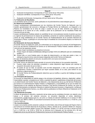 74 (Segunda Sección) DIARIO OFICIAL Miércoles 28 de octubre de 2015
Etapa III
1. Evaluación de Experiencia: Corresponde al 10 por ciento de los 100 puntos.
2. Evaluación del Mérito: Corresponde al 10 por ciento de los 100 puntos.
Etapa IV
1. Evaluación de Entrevista: Corresponde al 30 por ciento de los 100 puntos.
7a. Publicación de Resultados.
Los resultados de los concursos, serán publicados en el portal electrónico www.trabajaen.gob.mx.
8a. Reserva de Candidatos.
Los(as) candidatos(as) entrevistados(as) por los miembros del Comité Técnico de Selección que no
resulten ganadores(as) del concurso y obtengan el Puntaje Mínimo de Calificación, se integrarán a la
Reserva de Candidatos de la rama de cargo o puesto de que se trate, teniendo una vigencia de
permanencia en la misma de un año, contado a partir de la publicación de los resultados finales del
concurso de que se trate.
Los(as) candidatos(as) finalistas estarán en posibilidad de ser convocados(as) durante el periodo que dure
su vigencia de permanencia en la reserva de candidatos y tomando en cuenta la clasificación de puestos y
ramas de cargo establecidos por el Comité Técnico de Profesionalización de la Comisión Nacional de
Acuacultura y Pesca, a participar en concursos bajo la modalidad de convocatoria dirigida a la reserva de
aspirantes.
9a. Declaración de Concurso Desierto.
El Comité Técnico de Selección podrá, de conformidad con lo dispuesto por el artículo 40 del Reglamento
de la Ley del Servicio Profesional de Carrera en la Administración Pública Federal, declarar desierto un
concurso por las siguientes causas:
I. Porque ningún candidato(a) se presente al concurso;
II. Porque ninguno de los(as) candidatos(as) obtenga el puntaje mínimo de calificación para ser considerado(a)
finalista; o
III. Porque sólo un (una) finalista pase a la etapa de determinación y en ésta sea vetado o bien, no
obtenga la mayoría de los votos de los(as) integrantes del Comité Técnico de Selección.
En caso de declararse desierto el concurso, se podrá emitir una nueva convocatoria.
10a. Cancelación de Concurso.
El Comité Técnico de Selección podrá cancelar el concurso de las plazas en los supuestos siguientes:
I. Cuando medie orden de autoridad competente o exista disposición legal expresa que restrinja la
ocupación del puesto de que se trate, o
II. El puesto de que se trate, se apruebe como de libre designación, o bien, se considere para dar
cumplimiento a laudos o resoluciones que hayan causado estado, en su caso, para restituir en sus
derechos a alguna persona, o
III. El Comité Técnico de Profesionalización determine que se modifica o suprime del Catálogo el puesto
en cuestión.
11a. Principios del Concurso.
El concurso se desarrollará en estricto apego a los principios de legalidad, eficiencia, objetividad, calidad,
imparcialidad, equidad, competencia por mérito y equidad de género, sujetándose el desarrollo del proceso
y la determinación del Comité Técnico de Selección, a las disposiciones de la Ley del Servicio Profesional
de Carrera en la Administración Pública Federal, su Reglamento y al ACUERDO por el que se emiten las
Disposiciones en las materias de Recursos Humanos y del Servicio Profesional de Carrera, así como el
Manual Administrativo de Aplicación General en materia de Recursos Humanos y Organización y el Manual
del Servicio Profesional de Carrera, y su última reforma publicada en el Diario Oficial de la Federación el 23
de agosto de 2013.
12a. Resolución de dudas.
A efecto de garantizar la atención y resolución de las dudas que los candidatos formulen con relación a las
plazas y el proceso del presente concurso, se encuentra disponible el correo electrónico
reclutamiento_spc@conapesca.gob.mx, así como un módulo de atención telefónico en el número 01 669
915 6900, Ext. 58818 o 58870, el cual estará funcionando de lunes a viernes de 9:00 a.m. a 14:00 hrs. y de
16:30 a 18:00 hrs.
13a. Inconformidades.
Los(as) concursantes podrán presentar cualquier inconformidad, ante el Area de Quejas del Organo Interno
de Control en la Comisión Nacional de Acuacultura y Pesca, ubicado en Av. Camarón Sábalo s/n, Esquina
Tiburón, Fraccionamiento Sábalo Country Club, Mazatlán, Sinaloa, C.P. 82100, de lunes a viernes de 9:00
a.m. a 14:00 hrs. y de 16:30 a 18:00 hrs, en términos de lo dispuesto por los artículos 94 y 95 del
Reglamento de la Ley del Servicio Profesional de Carrera en la Administración Pública Federal.
 
