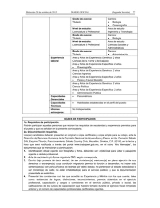 Miércoles 28 de octubre de 2015 DIARIO OFICIAL (Segunda Sección) 77
Grado de avance:
Titulado
Carrera:
• Biología
• Oceanografía
Nivel de estudio:
Licenciatura o Profesional
Area de estudio
Ingeniería y Tecnología
Grado de avance:
Titulado
Carrera:
• Biología
Nivel de estudio:
Licenciatura o Profesional
Area de estudio
Ciencias Sociales y
Administrativas
Grado de avance:
Titulado
Carrera:
• Administración
Experiencia
laboral
Area y Años de Experiencia Genérica: 2 años
Ciencias de la Tierra y del Espacio
Area y Años de Experiencia Específica: 2 años
• Oceanografía
Area y Años de Experiencia Genérica: 2 años
Ciencias Agrarias
Area y Años de Experiencia Específica: 2 años
• Peces y Fauna Silvestre
Area y Años de Experiencia Genérica: 2 años
Ciencia Política
Area y Años de Experiencia Específica: 2 años
• Administración Pública
Capacidades
Gerenciales
• Psicométricos
Capacidades
Técnicas
• Habilidades establecidas en el perfil del puesto
Idiomas
extranjeros:
No Indispensable
BASES DE PARTICIPACION
1a. Requisitos de participación.
Podrán participar aquellas personas que reúnan los requisitos de escolaridad y experiencia previstos para
el puesto y que se señalan en la presente convocatoria.
2a. Documentación requerida.
Los(as) candidatos deberán presentar en original o copia certificada y copia simple para su cotejo, ante la
Dirección de Recursos Humanos de la Comisión Nacional de Acuacultura y Pesca, en Av. Camarón Sábalo
S/N, Esquina Tiburón, Fraccionamiento Sábalo Country Club, Mazatlán, Sinaloa, C.P. 82100, en la fecha y
hora que será notificada a través del portal www.trabajaen.gob.mx, en el rubro “Mis Mensajes”, los
documentos que se mencionan a continuación:
1. Identificación oficial vigente con fotografía y firma, debiendo ser: credencial para votar o pasaporte
vigente o cédula profesional.
2. Acta de nacimiento y/o forma migratoria FM3, según corresponda.
3. Escrito bajo protesta de decir verdad, de ser ciudadano(a) mexicano(a) en pleno ejercicio de sus
derechos o extranjero(a) cuya condición migratoria permita la función a desarrollar; no haber sido
sentenciado(a) con pena privativa de libertad por delito doloso; no pertenecer al estado eclesiástico o
ser ministro(a) de culto; no estar inhabilitado(a) para el servicio público; y que la documentación
presentada es auténtica.
4. Presentar las constancias con las que acredite su Experiencia y Méritos con los que cuenta, tales
como: evidencias de logros, distinciones, reconocimientos, premios obtenidos en el ejercicio
profesional, capacitación y cargos o comisiones en el servicio público, privado o social, las
calificaciones de los cursos de capacitación que hubiere tomado durante el ejercicio fiscal inmediato
anterior y el número de capacidades profesionales certificadas vigentes.
 
