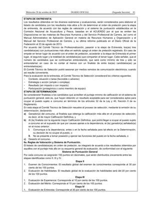 Miércoles 28 de octubre de 2015 DIARIO OFICIAL (Segunda Sección) 81
ETAPA DE ENTREVISTA:
Los resultados obtenidos en los diversos exámenes y evaluaciones, serán considerados para elaborar el
listado de candidatos con los resultados más altos a fin de determinar el orden de prelación para la etapa
de entrevista, de acuerdo con las reglas de valoración y el sistema de puntuación establecidos en la
Comisión Nacional de Acuacultura y Pesca, basadas en el ACUERDO por el que se emiten las
Disposiciones en las materias de Recursos Humanos y del Servicio Profesional de Carrera, así como el
Manual Administrativo de Aplicación General en materia de Recursos Humanos y Organización y el
Manual del Servicio Profesional de Carrera, y su última reforma publicada en el Diario Oficial de la
Federación el 23 de agosto de 2013.
Por acuerdo del Comité Técnico de Profesionalización, pasarán a la etapa de Entrevista, los(as) tres
candidatos(as) con puntuaciones más altas en estricto apego al orden de prelación registrado. En caso de
empate en tercer lugar de acuerdo con el orden de prelación, accederán a la etapa de Entrevista el primer
lugar, el segundo lugar y la totalidad de candidatos(as) que compartan el tercer lugar. Cabe señalar, que el
número de candidatos que se continuarían entrevistando, que será como mínimo de tres y sólo se
entrevistarían en caso de no contar al menos con un finalista de entre los(as) candidatos(as) ya
entrevistados(as).
El Comité Técnico de Selección podrá sesionar por medios remotos de comunicación electrónica, cuando
así resulte conveniente.
Para la evaluación de la entrevista, el Comité Técnico de Selección considerará los criterios siguientes:
- Contexto, situación o tarea (favorable o adverso)
- Estrategia o acción (simple o compleja)
- Resultado (sin impacto o con impacto)
- Participación (protagónica o como miembro de equipo)
ETAPA DE DETERMINACION:
Se considerarán finalistas a los candidatos que acrediten el puntaje mínimo de calificación en el sistema de
puntuación general, esto es, que hayan obtenido un resultado aceptable para ser considerados aptos para
ocupar el puesto sujeto a concurso en términos de los artículos 32 de la Ley y 40, fracción II de su
Reglamento.
En esta etapa el Comité Técnico de Selección resuelve el proceso de selección, mediante la emisión de su
determinación, declarando:
a) Ganador(a) del concurso, al finalista que obtenga la calificación más alta en el proceso de selección,
es decir, al de mayor Calificación Definitiva, y
b) Al (la) finalista con la siguiente mayor Calificación Definitiva, que podrá llegar a ocupar el puesto sujeto
a concurso en el supuesto de que por causas ajenas a la dependencia, el (la) ganador(a) señalado(a)
en el inciso anterior:
I. Comunique a la dependencia, antes o en la fecha señalada para tal efecto en la Determinación,
su decisión de no ocupar el puesto, o
II. No se presente a tomar posesión y ejercer las funciones del puesto en la fecha señalada, o
c) Desierto el concurso.
6a. Reglas de Valoración y Sistema de Puntuación.
El listado de candidatos(as) en orden de prelación, se integrará de acuerdo a los resultados obtenidos por
aquéllos con el puntaje más alto en su esquema general de evaluación, de conformidad con el siguiente:
Sistema de Puntuación General
Por cada concurso se asignarán 100 puntos sin decimales, que serán distribuidos únicamente entre las
etapas identificadas como II, III y IV.
Etapa II
1. Examen de Conocimientos: El resultado global del examen de conocimientos corresponde al 30 por
ciento de los 100 puntos.
2. Evaluación de Habilidades: El resultado global de la evaluación de habilidades será del 20 por ciento
de los 100 puntos.
Etapa III
1. Evaluación de Experiencia: Corresponde al 10 por ciento de los 100 puntos.
2. Evaluación del Mérito: Corresponde al 10 por ciento de los 100 puntos.
Etapa IV
1. Evaluación de Entrevista: Corresponde al 30 por ciento de los 100 puntos.
 