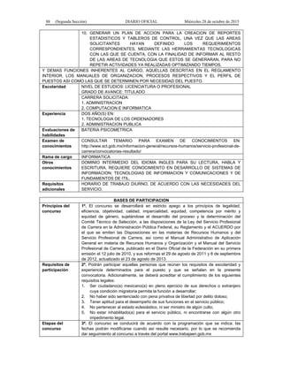 88 (Segunda Sección) DIARIO OFICIAL Miércoles 28 de octubre de 2015
10. GENERAR UN PLAN DE ACCION PARA LA CREACION DE REPORTES
ESTADISTICOS Y TABLEROS DE CONTROL, UNA VEZ QUE LAS AREAS
SOLICITANTES HAYAN DEFINIDO LOS REQUERIMIENTOS
CORRESPONDIENTES, MEDIANTE LAS HERRAMIENTAS TECNOLOGICAS
CON LAS QUE SE CUENTA, CON LA FINALIDAD DE INFORMAR AL RESTO
DE LAS AREAS DE TECNOLOGIA QUE ESTOS SE GENERARAN, PARA NO
REPETIR ACTIVIDADES YA REALIZADAS OPTIMIZANDO TIEMPOS.
Y DEMAS FUNCIONES INHERENTES AL CARGO, AQUELLAS DESCRITAS EN EL REGLAMENTO
INTERIOR, LOS MANUALES DE ORGANIZACION, PROCESOS RESPECTIVOS Y EL PERFIL DE
PUESTOS ASI COMO LAS QUE SE DETERMINEN POR NECESIDAD DEL PUESTO.
Escolaridad NIVEL DE ESTUDIOS: LICENCIATURA O PROFESIONAL
GRADO DE AVANCE: TITULADO
CARRERA SOLICITADA:
1. ADMINISTRACION
2. COMPUTACION E INFORMATICA
Experiencia DOS AÑO(S) EN:
1. TECNOLOGIA DE LOS ORDENADORES
2. ADMINISTRACION PUBLICA
Evaluaciones de
habilidades
BATERIA PSICOMETRICA
Examen de
conocimientos
CONSULTAR TEMARIO PARA EXAMEN DE CONOCIMIENTOS EN:
http://www.sct.gob.mx/informacion-general/recursos-humanos/servicio-profesional-de-
carrera/convocatorias-resultado/
Rama de cargo INFORMATICA
Otros
conocimientos
DOMINIO INTERMEDIO DEL IDIOMA INGLES PARA SU LECTURA, HABLA Y
ESCRITURA. REQUIERE CONOCIMIENTO EN DESARROLLO DE SISTEMAS DE
INFORMACION; TECNOLOGIAS DE INFORMACION Y COMUNICACIONES Y DE
FUNDAMENTOS DE ITIL.
Requisitos
adicionales
HORARIO DE TRABAJO DIURNO, DE ACUERDO CON LAS NECESIDADES DEL
SERVICIO.
BASES DE PARTICIPACION
Principios del
concurso
1ª. El concurso se desarrollará en estricto apego a los principios de legalidad,
eficiencia, objetividad, calidad, imparcialidad, equidad, competencia por mérito y
equidad de género, sujetándose el desarrollo del proceso y la determinación del
Comité Técnico de Selección, a las disposiciones de la Ley del Servicio Profesional
de Carrera en la Administración Pública Federal, su Reglamento y el ACUERDO por
el que se emiten las Disposiciones en las materias de Recursos Humanos y del
Servicio Profesional de Carrera, así como el Manual Administrativo de Aplicación
General en materia de Recursos Humanos y Organización y el Manual del Servicio
Profesional de Carrera, publicado en el Diario Oficial de la Federación en su primera
emisión el 12 julio de 2010, y sus reformas el 29 de agosto de 2011 y 6 de septiembre
de 2012, actualizado el 23 de agosto de 2013
Requisitos de
participación
2ª. Podrán participar aquellas personas que reúnan los requisitos de escolaridad y
experiencia determinados para el puesto y que se señalan en la presente
convocatoria. Adicionalmente, se deberá acreditar el cumplimiento de los siguientes
requisitos legales:
1. Ser ciudadano(a) mexicano(a) en pleno ejercicio de sus derechos o extranjero
cuya condición migratoria permita la función a desarrollar;
2. No haber sido sentenciado con pena privativa de libertad por delito doloso;
3. Tener aptitud para el desempeño de sus funciones en el servicio público;
4. No pertenecer al estado eclesiástico, ni ser ministro de algún culto;
5. No estar inhabilitado(a) para el servicio público, ni encontrarse con algún otro
impedimento legal.
Etapas del
concurso
3ª. El concurso se conducirá de acuerdo con la programación que se indica; las
fechas podrán modificarse cuando así resulte necesario, por lo que se recomienda
dar seguimiento al concurso a través del portal www.trabajaen.gob.mx
 