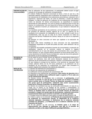 Miércoles 28 de octubre de 2015 DIARIO OFICIAL (Segunda Sección) 119
PRESENTACION DE
EVALUACIONES
Para la aplicación de las evaluaciones, el participante deberá acudir al lugar
indicado en el mensaje de notificación correspondiente.
El Instituto Politécnico Nacional comunicará la fecha y hora en que los y las
aspirantes deberán presentarse para la aplicación del examen de conocimientos,
las evaluaciones de habilidades y las evaluaciones psicométricas, evaluación de la
experiencia, valoración del mérito, así como la entrevista, a través del sistema
trabajaen. La falta de aplicación de cualquiera de las evaluaciones representará
motivo de descarte. En dichas comunicaciones, se especificará la duración
aproximada de cada aplicación, así como el tiempo de tolerancia para el inicio del
examen y/o evaluaciones. Una vez trascurrido el tiempo de tolerancia, por ningún
motivo se aplicará el examen y/o evaluaciones, lo que implicará el descarte del
candidato.
Los resultados aprobatorios de los exámenes y de las evaluaciones aplicadas en
los procesos de selección tendrán vigencia de un año. La vigencia de los
resultados de la evaluación de habilidades es de un año, contado a partir de su
acreditamiento, toda vez que se trata de la misma evaluación en todos los
concursos del Servicio Profesional de Carrera, tiempo en el cual el o la aspirante
podrá:
a) Participar en otros concursos sin tener que sujetarse a la evaluación de
habilidades, y
b) Hacer valer dichos resultados en esos concursos con las capacidades
(habilidades) requeridas en el perfil del puesto (es decir, sean idénticas a las ya
acreditadas).
La aplicación del resultado aprobatorio (examen de conocimientos y evaluación de
habilidades) obtenido en el concurso anterior el sistema lo registra
automáticamente (en el caso del examen de conocimientos sólo si se aplica el
mismo temario), en caso contrario deberá solicitarse en forma escrita (oficio, fax, o
correo electrónico) al Comité Técnico de Selección, antes del inicio de la aplicación
del examen y/o de la evaluación de habilidades.
REVISION DE
EXAMENES
En los casos en que el Comité Técnico de Selección correspondiente determine la
revisión de exámenes, ésta sólo podrá efectuarse respecto de la correcta
aplicación de las herramientas de evaluación, métodos o procedimientos utilizados,
sin que implique la entrega de los reactivos ni las opciones de respuesta. Esta
revisión aplicará dentro de las 48 horas posteriores a la publicación de los
resultados de los exámenes y/o evaluaciones. En ningún caso procederá la
revisión respecto del contenido o los criterios de evaluación.
REGLAS DE
VALORACION
1.- Número de exámenes de conocimientos: 1
2.- Número de evaluaciones de habilidades: 1
3.- Calificación mínima aprobatoria de conocimientos: 70
4.- Descarte en las evaluaciones de habilidades: Será motivo de descarte si la o
el aspirante no obtiene como calificación igual o superior a 70 en cada una
de las evaluaciones aplicadas.
5.- Número mínimo de candidatos (as) a entrevistar: 3 participantes, si el
universo lo permite; en caso de que no se cuente con al menos un finalista
entre la primer terna, el Comité Técnico de Selección procederá a integrar
otro grupo igual de participantes, realizando esta acción sucesivamente
hasta que el universo lo permita o se declare ganador.
6.- Número de candidatos (as) que se continuarán entrevistando, en caso de no
contar con al menos un (a) finalista de los primeros 3 entrevistados: 3
participantes, si el universo lo permite; en caso de que no se cuente con al
menos un finalista entre la primer terna, el Comité Técnico de Selección
procederá a integrar otro grupo igual de participantes, realizando esta acción
sucesivamente hasta que el universo lo permita o se declare ganador.
7.- Puntaje mínimo de calificación (para pasar a la etapa de determinación): 70
8.- Criterio a aplicar en la entrevista: a) Predicción de comportamientos a partir
de evidencias en experiencias previas; b) Objetividad de la evidencia
obtenida (ejemplos concretos); c) Suficiencia de la evidencia obtenida
(cantidad de ejemplos), y d) Relevancia de la evidencia obtenida con los
requisitos del puesto.
9.- El (la) ganador (a) del concurso: el finalista (pasa a la etapa de
determinación) que obtenga la calificación más alta en el proceso de
selección, es decir, al de mayor Calificación (puntaje) Definitiva.
 