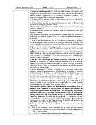 Miércoles 28 de octubre de 2015 DIARIO OFICIAL (Segunda Sección) 121
6.- Nivel de Responsabilidad.- El nivel de responsabilidad se calificará de
acuerdo con la opción de respuesta seleccionada por el o la aspirante, entre las 5
posibles opciones establecidas en el formato de evaluación, respecto a su
trayectoria profesional. Las opciones son las siguientes:
a) He desempeñado puestos donde he desarrollado una serie de actividades
sencillas y similares entre sí.
b) He desarrollado puestos que requieran coordinar una serie de funciones y
actividades similares y relacionadas entre sí.
c) He desempeñado puestos que requieran coordinar una serie de funciones de
naturaleza diferente.
d) He desempeñado puestos que requieran dirigir un área con funciones de
naturaleza diferente.
e) He desempeñado puestos que requieran dirigir diversas áreas que contribuían
al desarrollo de los planes estratégicos de una o varias unidades administrativas o
de negocio.
7.- Nivel de Remuneración.- El nivel de remuneración se calificará de acuerdo
con la remuneración bruta mensual en la trayectoria laboral del candidato. De
manera específica, comparando la remuneración bruta mensual del puesto actual
(en su caso el último) y la del puesto en concurso.
8.- Relevancia de funciones o actividades desempeñadas en relación con las
del puesto vacante.- La relevancia de funciones o actividades desempeñadas en
relación con las del puesto vacante se calificará de acuerdo con la coincidencia
entre la Rama de Cargo o puesto en el currículum vítae del candidato registrado
por el (la) propio (a) candidato (a) en www.trabajaen.gob.mx con la rama de cargo
o puesto vacante en concurso.
9.- En su caso, experiencia en puestos inmediatos inferiores al de la
vacante.- La experiencia en puestos inmediatos inferiores al de la vacante se
calificará de acuerdo con la permanencia en el puesto o puestos inmediatos
inferiores al de la vacante. De manera específica, a través del número de años
acumulados en dichos puestos.
10.-En su caso, aptitud en puestos inmediatos inferiores al de la vacante.- La
aptitud en puestos inmediatos inferiores al de la vacante se calificará de acuerdo
con la evaluación del desempeño en el puesto o puestos inmediatos inferiores al
de la vacante. De manera específica, a través de los puntos de la calificación
obtenida en la última evaluación del desempeño de dichos puestos.
11.- Otros elementos que establezcan en la Unidad de Política de Recursos
Humanos de la Administración Pública Federal o CTP, previa aprobación de la
Unidad conforme a las particulares de la dependencia, los cuales podrán
representar hasta el 25% del resultado de esta subetapa.
Para obtener el puntaje referido a la evaluación de la experiencia, la o el
aspirante deberá presentar la documentación que avale el cumplimiento a
cada elemento, la cual puede ser entre otras: carta original de la empresa en
hoja membretada; hoja de servicios; contrato laboral; recibos de pago; alta y
baja en instituciones de seguridad social, etc. La documentación deberá
especificar claramente el estatus del elemento sobre el cual desea obtener
puntos, ejemplo: elemento 2, señalar los puestos que ocupó y el tiempo de
permanencia en cada uno de ellos; elemento 6, señalar las funciones y
actividades realizadas en los puestos ocupados.
Para otorgar una calificación, respecto de los elementos anteriores, se considerará
lo siguiente:
• Los y las aspirantes serán calificados en el orden en los puestos
desempeñados (elemento 1), salvo cuando cuenten con una sola experiencia,
cargo o puesto previos.
• A todos los y las aspirantes se les calificarán los elementos 2 al 8.
 