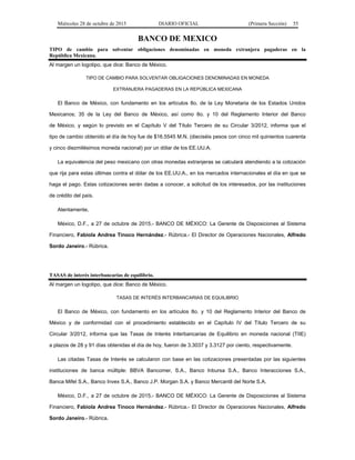 Miércoles 28 de octubre de 2015 DIARIO OFICIAL (Primera Sección) 55
BANCO DE MEXICO
TIPO de cambio para solventar obligaciones denominadas en moneda extranjera pagaderas en la
República Mexicana.
Al margen un logotipo, que dice: Banco de México.
TIPO DE CAMBIO PARA SOLVENTAR OBLIGACIONES DENOMINADAS EN MONEDA
EXTRANJERA PAGADERAS EN LA REPÚBLICA MEXICANA
El Banco de México, con fundamento en los artículos 8o. de la Ley Monetaria de los Estados Unidos
Mexicanos; 35 de la Ley del Banco de México, así como 8o. y 10 del Reglamento Interior del Banco
de México, y según lo previsto en el Capítulo V del Título Tercero de su Circular 3/2012, informa que el
tipo de cambio obtenido el día de hoy fue de $16.5545 M.N. (dieciséis pesos con cinco mil quinientos cuarenta
y cinco diezmilésimos moneda nacional) por un dólar de los EE.UU.A.
La equivalencia del peso mexicano con otras monedas extranjeras se calculará atendiendo a la cotización
que rija para estas últimas contra el dólar de los EE.UU.A., en los mercados internacionales el día en que se
haga el pago. Estas cotizaciones serán dadas a conocer, a solicitud de los interesados, por las instituciones
de crédito del país.
Atentamente,
México, D.F., a 27 de octubre de 2015.- BANCO DE MÉXICO: La Gerente de Disposiciones al Sistema
Financiero, Fabiola Andrea Tinoco Hernández.- Rúbrica.- El Director de Operaciones Nacionales, Alfredo
Sordo Janeiro.- Rúbrica.
TASAS de interés interbancarias de equilibrio.
Al margen un logotipo, que dice: Banco de México.
TASAS DE INTERÉS INTERBANCARIAS DE EQUILIBRIO
El Banco de México, con fundamento en los artículos 8o. y 10 del Reglamento Interior del Banco de
México y de conformidad con el procedimiento establecido en el Capítulo IV del Título Tercero de su
Circular 3/2012, informa que las Tasas de Interés Interbancarias de Equilibrio en moneda nacional (TIIE)
a plazos de 28 y 91 días obtenidas el día de hoy, fueron de 3.3037 y 3.3127 por ciento, respectivamente.
Las citadas Tasas de Interés se calcularon con base en las cotizaciones presentadas por las siguientes
instituciones de banca múltiple: BBVA Bancomer, S.A., Banco Inbursa S.A., Banco Interacciones S.A.,
Banca Mifel S.A., Banco Invex S.A., Banco J.P. Morgan S.A. y Banco Mercantil del Norte S.A.
México, D.F., a 27 de octubre de 2015.- BANCO DE MÉXICO: La Gerente de Disposiciones al Sistema
Financiero, Fabiola Andrea Tinoco Hernández.- Rúbrica.- El Director de Operaciones Nacionales, Alfredo
Sordo Janeiro.- Rúbrica.
 