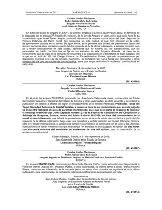 Miércoles 28 de octubre de 2015 DIARIO OFICIAL (Primera Sección) 61
Estados Unidos Mexicanos
Poder Judicial de la Federación
Juzgado Noveno de Distrito
en el Estado de Sinaloa, en Mazatlán
EDICTO
En autos del juicio de amparo 513/2014, se ordenó emplazar a juicio a Javier Páez López, en términos de
lo dispuesto por el artículo 27, fracción III, inciso c), de la Ley de Amparo en vigor, por lo que se le hace de su
conocimiento que Israel Torres Angulo, promovió demanda de amparo contra actos del Juez Segundo de
Primera Instancia del Ramo Penal, con residencia en esta ciudad, el cual hizo consistir en la orden
de aprehensión dictada en su contra. De igual forma, se le previene que deberá de presentarse dentro del
término de treinta días, contados a partir del día siguiente al de la última publicación, a señalar domicilio para
oír y recibir notificaciones en esta ciudad, apercibida que no hacerlo así, las subsecuentes, aún las
personales, se harán por lista que se fije en los estrados de este Juzgado. Además, se hace de su
conocimiento que la copia de la demanda se encuentra a su disposición en la Secretaría de este Juzgado, con
apoyo en el artículo 317 del Código Federal de Procedimientos Civiles, aplicado supletoriamente por
disposición expresa a la Ley de Amparo. Asimismo, se señalaron las nueve horas con cincuenta y cinco
minutos del día uno de octubre de dos mil quince, para que tenga verificativo la audiencia constitucional en
este juicio.
Mazatlán, Sinaloa a 14 de septiembre de 2015.
Juez Noveno de Distrito en el Estado de Sinaloa,
con sede en Mazatlán.
Lic. Elenisse Leyva Gómez.
Rúbrica.
(R.- 420164)
Estados Unidos Mexicanos
Juzgado Octavo de Distrito en el Estado
Ciudad Obregón, Sonora
EDICTOS
En el juicio de amparo 702/2015-II, promovido por José María Valenzuela López, contra actos del Titular
del Instituto Catastral y Registral del Estado de Sonora y otras autoridades, se dictó acuerdo y se ordenó la
publicación de edictos a efectos de lograr el emplazamiento de la tercero interesada Productos Tecos del
Yaqui, Sociedad Anónima de Capital Variable, a quien se hace de su conocimiento que en este juzgado
se encuentra radicado el juicio de garantías mencionado, en el que se reclama la negativa de registrar
el embargo ordenado por Junta Especial número 23 de la Federal de Conciliación de Conciliación y
Arbitraje de Guaymas, Sonora, dentro del Juicio Laboral 805/2006, se hace del conocimiento de la
moral tercero interesada, que deberá de presentarse en un término de treinta días contados a partir del día
siguiente de la última publicación, haga valer sus derechos y señale domicilio en Ciudad Obregón, Sonora,
para oír y recibir notificaciones, si pasado ese tiempo no comparece se continuará con el juicio y las ulteriores
notificaciones se harán mediante lista que se publique en estrados de este juzgado, se fijaron las diez horas
con cincuenta minutos del veintisiete de noviembre de dos mil quince, para la celebración de la
audiencia constitucional.
Ciudad Obregón, Sonora, a 01 de septiembre de 2015.
Juez Octavo de Distrito en el Estado de Sonora.
Licenciada Araceli Trinidad Delgado
Rúbrica.
(R.- 420167)
Estados Unidos Mexicanos
Poder Judicial de la Federación
Juzgado Segundo de Distrito de Amparo en Materia Penal en el Estado de Puebla
EDICTO.
En amparo 236/2015-V-10, promovido por Alma Delia Carrera Patiño, contra actos del Juez Segundo de lo
Penal del Distrito Judicial de Tehuacán, Puebla, y otras autoridades, se ordenó llamar a juicio Teresa Anselmo
Rivera, como tercera interesada, se le concede plazo de treinta días contados del siguiente al de la última
publicación, para apersonarse, de no hacerlo, ulteriores notificaciones se practicarán por lista.
Atentamente
San Andrés Cholula, Puebla, diez de septiembre de dos mil quince.
Juez Segundo de Distrito de Amparo en Materia Penal
en el Estado de Puebla.
Lic. Julio César Márquez Roldán.
Rúbrica.
(R.- 419714)
 