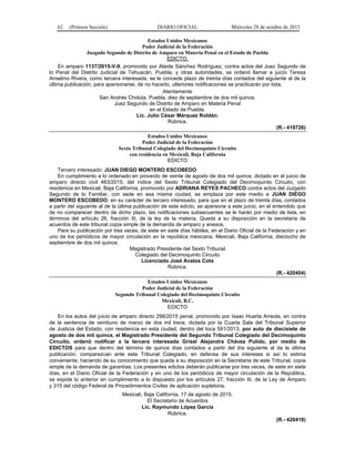 62 (Primera Sección) DIARIO OFICIAL Miércoles 28 de octubre de 2015
Estados Unidos Mexicanos
Poder Judicial de la Federación
Juzgado Segundo de Distrito de Amparo en Materia Penal en el Estado de Puebla
EDICTO.
En amparo 1137/2015-V-9, promovido por Alaide Sánchez Rodríguez, contra actos del Juez Segundo de
lo Penal del Distrito Judicial de Tehuacán, Puebla, y otras autoridades, se ordenó llamar a juicio Teresa
Anselmo Rivera, como tercera interesada, se le concede plazo de treinta días contados del siguiente al de la
última publicación, para apersonarse, de no hacerlo, ulteriores notificaciones se practicarán por lista.
Atentamente
San Andrés Cholula, Puebla, diez de septiembre de dos mil quince.
Juez Segundo de Distrito de Amparo en Materia Penal
en el Estado de Puebla.
Lic. Julio César Márquez Roldán.
Rúbrica.
(R.- 419726)
Estados Unidos Mexicanos
Poder Judicial de la Federación
Sexto Tribunal Colegiado del Decimoquinto Circuito
con residencia en Mexicali, Baja California
EDICTO
Tercero interesado: JUAN DIEGO MONTERO ESCOBEDO.
En cumplimiento a lo ordenado en proveído de veinte de agosto de dos mil quince, dictado en el juicio de
amparo directo civil 483/2015, del índice del Sexto Tribunal Colegiado del Decimoquinto Circuito, con
residencia en Mexicali, Baja California, promovido por ADRIANA REYES PACHECO contra actos del Juzgado
Segundo de lo Familiar, con sede en esa misma ciudad, se emplaza por este medio a JUAN DIEGO
MONTERO ESCOBEDO, en su carácter de tercero interesado, para que en el plazo de treinta días, contados
a partir del siguiente al de la última publicación de este edicto, se apersone a este juicio, en el entendido que
de no comparecer dentro de dicho plazo, las notificaciones subsecuentes se le harán por medio de lista, en
términos del artículo 26, fracción III, de la ley de la materia. Queda a su disposición en la secretaria de
acuerdos de este tribunal copia simple de la demanda de amparo y anexos.
Para su publicación por tres veces, de siete en siete días hábiles, en el Diario Oficial de la Federación y en
uno de los periódicos de mayor circulación en la república mexicana. Mexicali, Baja California, dieciocho de
septiembre de dos mil quince.
Magistrado Presidente del Sexto Tribunal
Colegiado del Decimoquinto Circuito
Licenciado José Avalos Cota
Rúbrica.
(R.- 420404)
Estados Unidos Mexicanos
Poder Judicial de la Federación
Segundo Tribunal Colegiado del Decimoquinto Circuito
Mexicali, B.C.
EDICTO
En los autos del juicio de amparo directo 298/2015 penal, promovido por Isaac Huerta Arreola, en contra
de la sentencia de veintiuno de marzo de dos mil trece, dictada por la Cuarta Sala del Tribunal Superior
de Justicia del Estado, con residencia en esta ciudad, dentro del toca 591/2013, por auto de diecisiete de
agosto de dos mil quince, el Magistrado Presidente del Segundo Tribunal Colegiado del Decimoquinto
Circuito, ordenó notificar a la tercera interesada Grisel Alejandra Chávez Pulido, por medio de
EDICTOS para que dentro del término de quince días contados a partir del día siguiente al de la última
publicación, comparezcan ante este Tribunal Colegiado, en defensa de sus intereses si así lo estima
conveniente, haciendo de su conocimiento que queda a su disposición en la Secretaria de este Tribunal, copia
simple de la demanda de garantías. Los presentes edictos deberán publicarse por tres veces, de siete en siete
días, en el Diario Oficial de la Federación y en uno de los periódicos de mayor circulación de la República,
se expide lo anterior en cumplimiento a lo dispuesto por los artículos 27, fracción III, de la Ley de Amparo
y 315 del código Federal de Procedimientos Civiles de aplicación supletoria.
Mexicali, Baja California, 17 de agosto de 2015.
El Secretario de Acuerdos
Lic. Raymundo López García
Rúbrica.
(R.- 420418)
 