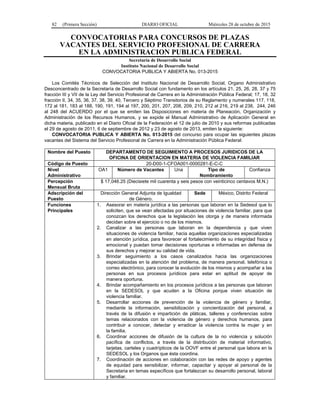 82 (Primera Sección) DIARIO OFICIAL Miércoles 28 de octubre de 2015
CONVOCATORIAS PARA CONCURSOS DE PLAZAS
VACANTES DEL SERVICIO PROFESIONAL DE CARRERA
EN LA ADMINISTRACION PUBLICA FEDERAL
Secretaría de Desarrollo Social
Instituto Nacional de Desarrollo Social
CONVOCATORIA PUBLICA Y ABIERTA No. 013-2015
Los Comités Técnicos de Selección del Instituto Nacional de Desarrollo Social, Organo Administrativo
Desconcentrado de la Secretaría de Desarrollo Social con fundamento en los artículos 21, 25, 26, 28, 37 y 75
fracción III y VII de la Ley del Servicio Profesional de Carrera en la Administración Pública Federal; 17, 18, 32
fracción II, 34, 35, 36, 37, 38, 39, 40, Tercero y Séptimo Transitorios de su Reglamento y numerales 117, 118,
172 al 181, 183 al 188, 190, 191, 194 al 197, 200, 201, 207, 208, 209, 210, 212 al 216, 219 al 238, 244, 246
al 248 del ACUERDO por el que se emiten las Disposiciones en materia de Planeación, Organización y
Administración de los Recursos Humanos, y se expide el Manual Administrativo de Aplicación General en
dicha materia, publicado en el Diario Oficial de la Federación el 12 de julio de 2010 y sus reformas publicadas
el 29 de agosto de 2011, 6 de septiembre de 2012 y 23 de agosto de 2013, emiten la siguiente:
CONVOCATORIA PUBLICA Y ABIERTA No. 013-2015 del concurso para ocupar las siguientes plazas
vacantes del Sistema del Servicio Profesional de Carrera en la Administración Pública Federal:
Nombre del Puesto DEPARTAMENTO DE SEGUIMIENTO A PROCESOS JURIDICOS DE LA
OFICINA DE ORIENTACION EN MATERIA DE VIOLENCIA FAMILIAR
Código de Puesto 20-D00-1-CFOA001-0000281-E-C-C
Nivel
Administrativo
OA1 Número de Vacantes Una Tipo de
Nombramiento
Confianza
Percepción
Mensual Bruta
$ 17,046.25 (Diecisiete mil cuarenta y seis pesos con veinticinco centavos M.N.)
Adscripción del
Puesto
Dirección General Adjunta de Igualdad
de Género.
Sede México, Distrito Federal
Funciones
Principales
1. Asesorar en materia jurídica a las personas que laboran en la Sedesol que lo
soliciten, que se vean afectadas por situaciones de violencia familiar, para que
conozcan los derechos que la legislación les otorga y de manera informada
decidan sobre el ejercicio o no de los mismos.
2. Canalizar a las personas que laboran en la dependencia y que viven
situaciones de violencia familiar, hacia aquellas organizaciones especializadas
en atención jurídica, para favorecer el fortalecimiento de su integridad física y
emocional y puedan tomar decisiones oportunas e informadas en defensa de
sus derechos y mejorar su calidad de vida.
3. Brindar seguimiento a los casos canalizados hacia las organizaciones
especializadas en la atención del problema, de manera personal, telefónica o
correo electrónico, para conocer la evolución de los mismos y acompañar a las
personas en sus procesos jurídicos para estar en aptitud de apoyar de
manera oportuna.
4. Brindar acompañamiento en los procesos jurídicos a las personas que laboran
en la SEDESOL y que acuden a la Oficina porque viven situación de
violencia familiar.
5. Desarrollar acciones de prevención de la violencia de género y familiar,
mediante la información, sensibilización y concientización del personal, a
través de la difusión e impartición de pláticas, talleres y conferencias sobre
temas relacionados con la violencia de género y derechos humanos, para
contribuir a conocer, detectar y erradicar la violencia contra la mujer y en
la familia.
6. Coordinar acciones de difusión de la cultura de la no violencia y solución
pacífica de conflictos, a través de la distribución de material informativo,
tarjetas, carteles y cuadrípticos de la OOVF entre el personal que labora en la
SEDESOL y los Organos que ésta coordina.
7. Coordinación de acciones en colaboración con las redes de apoyo y agentes
de equidad para sensibilizar, informar, capacitar y apoyar al personal de la
Secretaria en temas específicos que fortalezcan su desarrollo personal, laboral
y familiar.
 