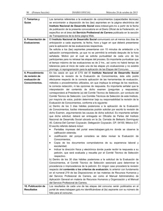 90 (Primera Sección) DIARIO OFICIAL Miércoles 28 de octubre de 2015
7. Temarios y
Guías
Los temarios referentes a la evaluación de conocimientos (capacidades técnicas)
se encontrarán a disposición de los (las) aspirantes en la página electrónica del
Instituto Nacional de Desarrollo Social www.indesol.gob.mx a partir de la fecha
de publicación de la presente convocatoria en el Diario Oficial de la Federación, en
específico en el área del Servicio Profesional de Carrera publicada en la sección
de Transparencia de la dicha página Web.
8. Presentación de
Evaluaciones
El Instituto Nacional de Desarrollo Social comunicará con al menos dos días de
anticipación a cada aspirante, la fecha, hora y lugar en que deberá presentarse
para la aplicación de las evaluaciones respectivas.
Se solicita a los (las) aspirantes presentarse con 15 minutos de antelación a la
aplicación correspondiente, ya que no se permitirá la entrada después de la hora
señalada. Motivo por el cual se solicita puntualidad de cada uno de los
participantes para no retrasar las etapas del proceso. Es importante puntualizar que
el tiempo máximo de las evaluaciones es de 2 hrs., así como no habrá tiempo de
tolerancia para el inicio de cada una de las etapas y/o evaluaciones y no existirá
prorroga, ni reprogramación para la aplicación de las Etapas del Concurso.
9. Procedimiento
de revisión de
evaluación de
Conocimientos.
En los casos en que el CTS del El Instituto Nacional de Desarrollo Social
determine la revisión de la Evaluación de Conocimientos, ésta sólo podrá
efectuarse respecto de la correcta aplicación de las herramientas de evaluación,
métodos o procedimientos utilizados, sin que implique la entrega de los reactivos,
la correcta redacción, ni las opciones de respuesta. Es importante señalar que la
interpretación del contenido de dicho examen (preguntas y respuestas),
corresponderá al Presidente (a) del Comité Técnico de Selección, por conducto del
Comité Técnico de Selección. Los Comités Técnicos de Selección de este Instituto,
por mayoría de votos, podrán determinar bajo su responsabilidad la revisión de la
Evaluación de Conocimientos, conforme a lo siguiente:
a) Dentro de los 3 días hábiles posteriores a la aplicación de la Evaluación
de Conocimientos, los/las interesados/as podrán solicitar por escrito la revisión de
dicho Examen, argumentando las causas de dicha solicitud. Es importante señalar
que dicha solicitud, deberá ser entregada en Oficialía de Partes del Instituto
Nacional de Desarrollo Social ubicado en la 2a. Cerrada de Belisario Domínguez
40, Colonia Del Carmen Coyoacán, Delegación Coyoacán, CP. 04100, México D.F.
El escrito referido deberá incluir:
• Pantallas impresas del portal www.trabajaen.gob.mx donde se observe la
calificación obtenida;
• Justificación del porqué considera se deba revisar la Evaluación de
Conocimientos;
• Copia de los documentos comprobatorios de su experiencia laboral y
escolaridad;
• Indicar la dirección física y electrónica donde puede recibir la respuesta a su
petición, que será evaluada y resuelta por el Comité Técnico de Selección
respectivo.
b) Dentro de los 30 días hábiles posteriores a la solicitud de la Evaluación de
Conocimientos, el Comité Técnico de Selección sesionará para determinar la
procedencia o improcedencia de la petición. En ningún caso procederá la revisión
respecto del contenido o los criterios de evaluación, lo anterior con fundamento
en el numeral 219 de las Disposiciones en las materias de Recursos Humanos y
del Servicio Profesional de Carrera, así como el Manual Administrativo de
Aplicación General en materia de Recursos Humanos y Organización y el Manual
del Servicio Profesional de Carrera.
10. Publicación de
Resultados
Los resultados de cada una de las etapas del concurso serán publicados en el
portal de www.trabajaen.gob.mx identificándose al (la) aspirante con su número de
folio para el concurso.
 