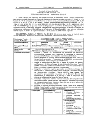 96 (Primera Sección) DIARIO OFICIAL Miércoles 28 de octubre de 2015
Secretaría de Desarrollo Social
Instituto Nacional de Desarrollo Social
CONVOCATORIA PUBLICA Y ABIERTA No. 014-2015
El Comité Técnico de Selección del Instituto Nacional de Desarrollo Social, Organo Administrativo
Desconcentrado de la Secretaría de Desarrollo Social con fundamento en los artículos 21, 25, 26, 28, 37 y 75
fracción III y VII de la Ley del Servicio Profesional de Carrera en la Administración Pública Federal; 17, 18, 32
fracción II, 34, 35, 36, 37, 38, 39, 40, Tercero y Séptimo Transitorios de su Reglamento y numerales 117, 118,
172 al 181, 183 al 188, 190, 191, 194 al 197, 200, 201, 207, 208, 209, 210, 212 al 216, 219 al 238, 244, 246 al
248 del ACUERDO por el que se emiten las Disposiciones en materia de Planeación, Organización y
Administración de los Recursos Humanos, y se expide el Manual Administrativo de Aplicación General en
dicha materia, publicado en el Diario Oficial de la Federación el 12 de julio de 2010 y sus reformas publicadas
el 29 de agosto de 2011, 6 de septiembre de 2012 y 23 de agosto de 2013, emite la siguiente:
CONVOCATORIA PUBLICA Y ABIERTA No. 014-2015 del concurso para ocupar la siguiente plaza
vacante del Sistema del Servicio Profesional de Carrera en la Administración Pública Federal:
Nombre del Puesto SUBDIRECCION DE CONTROL PRESUPUESTAL
Código de Puesto 20-D00-1-CF52267-0000175-E-C-I
Nivel Administrativo NA1 Número de
Vacantes
Una Tipo de
Nombramiento
Confianza
Percepción Mensual
Bruta
$ 25,254.76 (Veinticinco mil doscientos cincuenta y cuatro pesos con setenta y
seis centavos M.N.)
Adscripción del
Puesto
Dirección General Adjunta de
Administración Organización y Finanzas.
Sede México, Distrito
Federal
Funciones Principales 1. Formular y realizar los movimientos de solicitudes de afectación
presupuestaria necesaria para readecuar la estructura o calendario
presupuestal a fin de que responda a las necesidades del Instituto.
2. Analizar e integrar los informes presupuestarios requeridos por la Dirección
General de Programación y Presupuesto de la SEDESOL para consolidar
mensualmente la información presupuestal del ramo.
3. Afectar el presupuesto del INDESOL a través de cuentas por liquidar
certificadas en el Sistema Integral de Administración Financiera Federal
(SIAFF) para contar con los recursos financieros necesarios para atender la
operación de las acciones y programas institucionales.
4. Interpretar y validar los reportes generados en el Sistema Integral de
Presupuesto y Contabilidad (SIPREC) de la SEDESOL y el Sistema Integral
de Administración Financiera Federal (SIAFF) para realizar las
conciliaciones presupuestales requeridas por la Dirección General de
Programación y Presupuesto de la SEDESOL, para la integración del
informe de la Cuenta de la Hacienda Pública Federal.
5. Consolidar e integrar los informes internos mensuales del comportamiento
presupuestal de los gastos ejercidos por el instituto para llevar un control
del presupuesto autorizado, ejercido y disponible, que sirva en la toma de
decisiones de los mandos superiores.
6. Formular los informes de gestión financiera y de la Cuenta de la Hacienda
Pública Federal para la rendición de cuentas de los recursos asignados al
Instituto y consolidación de cifras a nivel de ramo.
Perfil Escolaridad Nivel de Estudio
Licenciatura o Profesional
Area de Estudio
1. Ciencias Sociales y
Administrativas
2. Ciencias Naturales y
Exactas
3. Ingeniería y Tecnología
Carrera Genérica
1. Administración
2. Contaduría
3. Economía
4. Ciencias Políticas y
Administración Pública
5. Ingeniería
6. Computación e Informática
7. Eléctrica y Electrónica
 