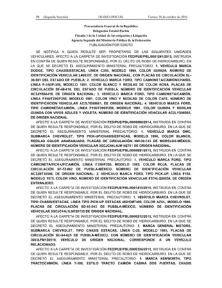 98 (Segunda Sección) DIARIO OFICIAL Viernes 28 de octubre de 2016
Procuraduría General de la República
Delegación Estatal Puebla
Fiscalía I de la Unidad de Investigación y Litigación
Agencia Segunda del Ministerio Público de la Federación
PUBLICACIÓN POR EDICTO
SE NOTIFICA A QUIEN RESULTE SER PROPIETARIO DE LAS SIGUIENTES UNIDADES
VEHICULARES: AFECTO A LA CARPETA DE INVESTIGACIÓN FED/PUE/PBL/0001241/2015, INSTRUIDA
EN CONTRA DE QUIEN RESULTE RESPONSABLE, POR EL DELITO DE ROBO DE HIDROCARBURO, EN
LA QUE SE DECRETÓ EL ASEGURAMIENTO MINISTERIAL PRECAUTORIO: 1. VEHÍCULO MARCA
DODGE, TIPO CHASIS/ESTACAS, LÍNEA C350, MODELO 1984, COLOR GUINDA, NÚMERO DE
IDENTIFICACIÓN VEHICULAR L408357, DE ORIGEN NACIONAL, CON PLACAS DE CIRCULACIÓN SL-
36-501 DEL ESTADO DE PUEBLA; 2. VEHÍCULO MARCA FORD, TIPO CAMIONETA/CAMIÓN/CHASIS,
LÍNEA F-350/P-350, MODELO 1981, COLOR BLANCO Y REDILAS DE COLOR ROSA, PLACAS DE
CIRCULACIÓN SF-48-816, DEL ESTADO DE PUEBLA, NÚMERO DE IDENTIFICACIÓN VEHICULAR
AC3JYB60418, DE ORIGEN NACIONAL; 3. VEHÍCULO MARCA FORD, TIPO CAMIONETA/CAMIÓN,
LÍNEA F150/F200/F250, MODELO 1991, COLOR VINO Y REDILAS DE COLOR CAFE, NÚMERO DE
IDENTIFICACIÓN VEHICULAR AC2LYE69681, DE ORIGEN NACIONAL; 4. VEHÍCULO MARCA FORD,
TIPO CAMIONETA/CAMIÓN, LÍNEA F150/F200/F250, MODELO 1991, COLOR GUINDA Y REDILAS
GUINDA CON VIVOS AZULES Y VIOLETA, NÚMERO DE IDENTIFICACIÓN VEHICULAR AC2LYS86565,
DE ORIGEN NACIONAL.
AFECTO A LA CARPETA DE INVESTIGACIÓN FED/PUE/PBL/0000086/2014, INSTRUIDA EN CONTRA
DE QUIEN RESULTE RESPONSABLE, POR EL DELITO DE ROBO DE HIDROCARBURO, EN LA QUE SE
DECRETÓ EL ASEGURAMIENTO MINISTERIAL PRECAUTORIO: 1. VEHÍCULO MARCA GMC,
SUBMARCA CHEVROLET, TIPO PICK-UP/CHASIS/ESTACAS, MODELO 1990, COLOR BLANCO,
REDILAS COLOR ANARANJADO, PLACAS DE CIRCULACIÓN NW-36-145 DE MORELOS-MÉXICO,
NÚMERO DE IDENTIFICACIÓN VEHICULAR 3GCJC44L4LM142781 DE ORIGEN NACIONAL.
AFECTO A LA CARPETA DE INVESTIGACIÓN FED/PUE/PBL/0000691/2015, INSTRUIDA EN CONTRA
DE QUIEN RESULTE RESPONSABLE, POR EL DELITO DE ROBO DE HIDROCARBURO, EN LA QUE SE
DECRETÓ EL ASEGURAMIENTO MINISTERIAL PRECAUTORIO: 1. VEHÍCULO MARCA FORD, TIPO
CAMIONETA/PICK-UP/CAMIÓN, LÍNEA F350/P350, MODELO 1985, COLOR ROJA, PLACAS DE
CIRCULACIÓN SF-72-862 DE PUEBLA-MÉXICO, NÚMERO DE IDENTIFICACIÓN VEHICULAR
AC3JBT36546, DE ORIGEN NACIONAL; 2. VEHÍCULO MARCA FORD, TIPO PICK-UP, LÍNEA F150,
MODELO 1975, COLOR VINO, NÚMERO DE IDENTIFICACIÓN VEHICULAR F37HLQ80934, DE ORIGEN
EXTRANJERO.
AFECTO A LA CARPETA DE INVESTIGACIÓN FED/PUE/PBL/0001415/2015, INSTRUIDA EN CONTRA
DE QUIEN RESULTE RESPONSABLE, POR EL DELITO DE ROBO DE HIDROCARBURO, EN LA QUE SE
DECRETÓ EL ASEGURAMIENTO MINISTERIAL PRECAUTORIO: 1. VEHÍCULO MARCA CHEVROLET,
TIPO CHASIS/ESTACAS, LÍNEA TIPO PICK-UP ESTACAS 4X2/GMT400, COLOR AZUL, MODELO 1990,
PLACAS DE CIRCULACIÓN SD-85-043 DE PUEBLA-MÉXICO, NÚMERO DE IDENTIFICACIÓN
VEHICULAR 3GCJC44L1LM126733 DE ORIGEN NACIONAL.
AFECTO A LA CARPETA DE INVESTIGACIÓN FED/PUE/PBL/0000212/2015, INSTRUIDA EN CONTRA
DE QUIEN RESULTE RESPONSABLE, POR EL DELITO DE ROBO DE HIDROCARBURO, EN LA QUE SE
DECRETÓ EL ASEGURAMIENTO MINISTERIAL PRECAUTORIO: 1. MARCA GENERAL MOTORS,
SUBMARCA CHEVROLET, TIPO CHASIS ESTACAS, LÍNEA C-20, MODELO 1985, PLACAS DE
CIRCULACIÓN SC-84-625 DE PUEBLA-MÉXICO, CON NÚMERO DE IDENTIFICACIÓN VEHICULAR
3003LFM130519, VEHÍCULO DE ORIGEN NACIONAL, CORRESPONDE A UN VEHÍCULO
RELACIONADO.
AFECTO A LA CARPETA DE INVESTIGACIÓN FED/PUE/PBL/0000324/2015, INSTRUIDA EN CONTRA
DE QUIEN RESULTE RESPONSABLE, POR EL DELITO DE ROBO DE HIDROCARBURO, EN LA QUE SE
DECRETÓ EL ASEGURAMIENTO MINISTERIAL PRECAUTORIO: 1. MARCA KENWORTH, TIPO
TRACTOCAMIÓN, LÍNEA T-300, ESTILO TRACTO CAMIÓN CABINA DOS PUERTAS, CHASIS
 