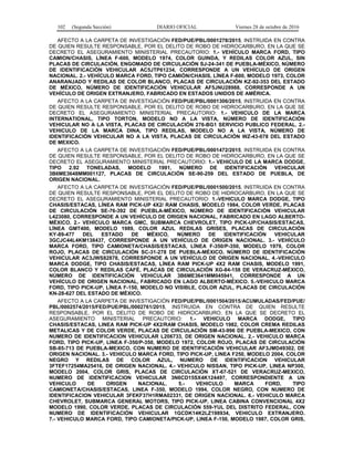 102 (Segunda Sección) DIARIO OFICIAL Viernes 28 de octubre de 2016
AFECTO A LA CARPETA DE INVESTIGACIÓN FED/PUE/PBL/0001278/2015, INSTRUIDA EN CONTRA
DE QUIEN RESULTE RESPONSABLE, POR EL DELITO DE ROBO DE HIDROCARBURO, EN LA QUE SE
DECRETO EL ASEGURAMIENTO MINISTERIAL PRECAUTORIO: 1.- VEHÍCULO MARCA FORD, TIPO
CAMION/CHASIS, LÍNEA F-600, MODELO 1974, COLOR GUINDA, Y REDILAS COLOR AZUL, SIN
PLACAS DE CIRCULACIÓN, ENGOMADO DE CIRCULACIÓN SJ-24-341 DE PUEBLA-MÉXICO, NÚMERO
DE IDENTIFICACIÓN VEHICULAR AC5JTP61234, CORRESPONDE A UN VEHÍCULO DE ORIGEN
NACIONAL. 2.- VEHÍCULO MARCA FORD, TIPO CAMIÓN/CHASIS, LÍNEA F-600, MODELO 1973, COLOR
ANARANJADO Y REDILAS DE COLOR BLANCO, PLACAS DE CIRCULACIÓN KZ-92-353 DEL ESTADO
DE MÉXICO, NÚMERO DE IDENTIFICACIÓN VEHICULAR AF5JNU28988, CORRESPONDE A UN
VEHÍCULO DE ORIGEN EXTRANJERO, FABRICADO EN ESTADOS UNIDOS DE AMÉRICA.
AFECTO A LA CARPETA DE INVESTIGACIÓN FED/PUE/PBL/0001306/2015, INSTRUIDA EN CONTRA
DE QUIEN RESULTE RESPONSABLE, POR EL DELITO DE ROBO DE HIDROCARBURO, EN LA QUE SE
DECRETO EL ASEGURAMIENTO MINISTERIAL PRECAUTORIO: 1.- VEHICULO DE LA MARCA
INTERNATIONAL, TIPO TORTON, MODELO NO A LA VISTA, NÚMERO DE IDENTIFICACIÓN
VEHICULAR NO A LA VISTA, PLACAS DE CIRCULACIÓN 276-BG1 SERVICIO PUBLICO FEDERAL. 2.-
VEHICULO DE LA MARCA DINA, TIPO REDILAS, MODELO NO A LA VISTA, NÚMERO DE
IDENTIFICACIÓN VEHICULAR NO A LA VISTA, PLACAS DE CIRCULACIÓN WZ-43-078 DEL ESTADO
DE MEXICO.
AFECTO A LA CARPETA DE INVESTIGACIÓN FED/PUE/PBL/0001472/2015, INSTRUIDA EN CONTRA
DE QUIEN RESULTE RESPONSABLE, POR EL DELITO DE ROBO DE HIDROCARBURO, EN LA QUE SE
DECRETO EL ASEGURAMIENTO MINISTERIAL PRECAUTORIO: 1.- VEHICULO DE LA MARCA DODGE,
TIPO 2.92 TONELADAS, MODELO 1991, NÚMERO DE IDENTIFICACIÓN VEHICULAR
3B6ME3648MM001127, PLACAS DE CIRCULACIÓN SE-90-259 DEL ESTADO DE PUEBLA, DE
ORIGEN NACIONAL.
AFECTO A LA CARPETA DE INVESTIGACIÓN FED/PUE/PBL/0001500/2015, INSTRUIDA EN CONTRA
DE QUIEN RESULTE RESPONSABLE, POR EL DELITO DE ROBO DE HIDROCARBURO, EN LA QUE SE
DECRETO EL ASEGURAMIENTO MINISTERIAL PRECAUTORIO: 1.-VEHICULO MARCA DODGE, TIPO
CHASIS/ESTACAS, LÍNEA RAM PICK-UP 4X2/ RAM CHASIS, MODELO 1984, COLOR VERDE, PLACAS
DE CIRCULACIÓN SE-76-392 DE PUEBLA-MÉXICO, NÚMERO DE IDENTIFICACIÓN VEHICULAR
L423080, CORRESPONDE A UN VEHÍCULO DE ORIGEN NACIONAL, FABRICADO EN LAGO ALBERTO-
MÉXICO. 2.- VEHÍCULO MARCA GMC, SUBMARCA CHEVROLET, TIPO PICK-UP/CHASIS/ESTACAS,
LÍNEA GMT400, MODELO 1989, COLOR AZUL REDILAS GRISES, PLACAS DE CIRCULACIÓN
KY-89-477 DEL ESTADO DE MÉXICO, NÚMERO DE IDENTIFICACIÓN VEHICULAR
3GCJC44L4KM138437, CORRESPONDE A UN VEHÍCULO DE ORIGEN NACIONAL. 3.- VEHÍCULO
MARCA FORD, TIPO CAMIONETA/CHASIS/ESTACAS, LÍNEA F-350/P-350, MODELO 1979, COLOR
ROJO, PLACAS DE CIRCULACIÓN SC-31-278 DE PUEBLA-MÉXICO, NÚMERO DE IDENTIFICACIÓN
VEHICULAR AC3JWS82878, CORRESPONDE A UN VEHÍCULO DE ORIGEN NACIONAL. 4.-VEHICULO
MARCA DODGE, TIPO CHASIS/ESTACAS, LÍNEA RAM PICK-UP 4X2 RAM CHASIS, MODELO 1991,
COLOR BLANCO Y REDILAS CAFÉ, PLACAS DE CIRCULACIÓN XG-84-158 DE VERACRUZ-MÉXICO,
NÚMERO DE IDENTIFICACIÓN VEHICULAR 3B6ME3641MM045941, CORRESPONDE A UN
VEHÍCULO DE ORIGEN NACIONAL, FABRICADO EN LAGO ALBERTO-MÉXICO. 5.-VEHICULO MARCA
FORD, TIPO PICK-UP, LÍNEA F-150, MODELO NO VISIBLE, COLOR AZUL, PLACAS DE CIRCULACIÓN
KN-28-627 DEL ESTADO DE MÉXICO.
AFECTO A LA CARPETA DE INVESTIGACIÓN FED/PUE/PBL/0001504/2015/ACUMULADAS/FED/PUE/
PBL/0002574/2015/FED/PUE/PBL/0002761/2015, INSTRUIDA EN CONTRA DE QUIEN RESULTE
RESPONSABLE, POR EL DELITO DE ROBO DE HIDROCARBURO, EN LA QUE SE DECRETO EL
ASEGURAMIENTO MINISTERIAL PRECAUTORIO: 1.- VEHICULO MARCA DODGE, TIPO
CHASIS/ESTACAS, LINEA RAM PICK-UP 4X2/RAM CHASIS, MODELO 1982, COLOR CREMA REDILAS
METALICAS Y DE COLOR VERDE, PLACAS DE CIRCULACIÓN SM-43-996 DE PUEBLA-MEXICO, CON
NUMERO DE IDENTIFICACION VEHICULAR L206733, DE ORIGEN NACIONAL. 2.- VEHICULO MARCA
FORD, TIPO PICK-UP, LINEA F-350/P-350, MODELO 1972, COLOR ROJO, PLACAS DE CIRCULACIÓN
SB-85-713 DE PUEBLA-MEXICO, CON NUMERO DE IDENTIFICACIÓN VEHICULAR AF3JMD49302, DE
ORIGEN NACIONAL. 3.- VEHICULO MARCA FORD, TIPO PICK-UP, LINEA F250, MODELO 2004, COLOR
NEGRO Y REDILAS DE COLOR AZUL, NUMERO DE IDENTIFICACION VEHICULAR
3FTEF17254MA25416, DE ORIGEN NACIONAL. 4.- VEHICULO NISSAN, TIPO PICK-UP, LINEA NP300,
MODELO 2004, COLOR GRIS, PLACAS DE CIRCULACIÓN XT-67-521 DE VERACRUZ-MEXICO,
NUMERO DE IDENTIFICACION VEHICULAR 3N6CD15SX4K124497, CORRESPONDIENTE A UN
VEHICULO DE ORIGEN NACIONAL. 5.- VEHICULO MARCA FORD, TIPO
CAMIONETA/CHASIS/ESTACAS, LINEA F-350, MODELO 1994, COLOR NEGRO, CON NUMERO DE
IDENTIFICACION VEHICULAR 3FEKF37H1RMA02331, DE ORIGEN NACIONAL. 6.- VEHICULO MARCA
CHEVROLET, SUBMARCA GENERAL MOTORS, TIPO PICK-UP, LINEA CABINA CONVENCIONAL 4X2
MODELO 1990, COLOR VERDE, PLACAS DE CIRCULACIÓN 559-YUL DEL DISTRITO FEDERAL, CON
NUMERO DE IDENTIFICACIÓN VEHICULAR 1GCDK14K2LZ198934, VEHICULO EXTRANJERO.
7.- VEHICULO MARCA FORD, TIPO CAMIONETA/PICK-UP, LINEA F-150, MODELO 1987, COLOR GRIS,
 