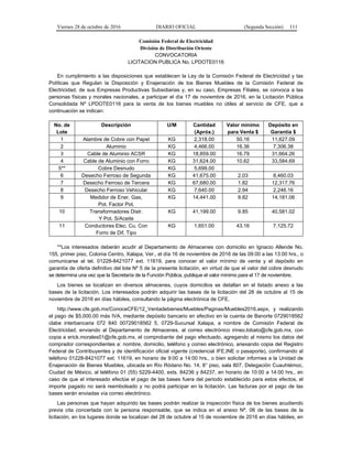 Viernes 28 de octubre de 2016 DIARIO OFICIAL (Segunda Sección) 111
Comisión Federal de Electricidad
División de Distribución Oriente
CONVOCATORIA
LICITACION PUBLICA No. LPDOTE0116
En cumplimiento a las disposiciones que establecen la Ley de la Comisión Federal de Electricidad y las
Políticas que Regulan la Disposición y Enajenación de los Bienes Muebles de la Comisión Federal de
Electricidad, de sus Empresas Productivas Subsidiarias y, en su caso, Empresas Filiales, se convoca a las
personas físicas y morales nacionales, a participar el día 17 de noviembre de 2016, en la Licitación Pública
Consolidada Nº LPDOTE0116 para la venta de los bienes muebles no útiles al servicio de CFE, que a
continuación se indican:
No. de
Lote
Descripción U/M Cantidad
(Apróx.)
Valor mínimo
para Venta $
Depósito en
Garantía $
1 Alambre de Cobre con Papel KG 2,318.00 50.16 11,627.09
2 Aluminio KG 4,466.00 16.36 7,306.38
3 Cable de Aluminio ACSR KG 18,859.00 16.79 31,664.26
4 Cable de Aluminio con Forro KG 31,624.00 10.62 33,584.69
5** Cobre Desnudo KG 5,699.00
6 Desecho Ferroso de Segunda KG 41,675.00 2.03 8,460.03
7 Desecho Ferroso de Tercera KG 67,680.00 1.82 12,317.76
8 Desecho Ferroso Vehicular KG 7,640.00 2.94 2,246.16
9 Medidor de Ener, Gas,
Pot. Factor Pot.
KG 14,441.00 9.82 14,181.06
10 Transformadores Distr.
Y Pot. S/Aceite
KG 41,199.00 9.85 40,581.02
11 Conductores Elec. Cu. Con
Forro de Dif. Tipo
KG 1,651.00 43.16 7,125.72
**Los interesados deberán acudir al Departamento de Almacenes con domicilio en Ignacio Allende No.
155, primer piso, Colonia Centro, Xalapa, Ver., el día 16 de noviembre de 2016 de las 09:00 a las 13:00 hrs., o
comunicarse al tel. 01228-8421077 ext. 11619, para conocer el valor mínimo de venta y el depósito en
garantía de oferta definitivo del lote Nº 5 de la presente licitación, en virtud de que el valor del cobre desnudo
se determina una vez que la Secretaría de la Función Pública, publique el valor mínimo para el 17 de noviembre.
Los bienes se localizan en diversos almacenes, cuyos domicilios se detallan en el listado anexo a las
bases de la licitación. Los interesados podrán adquirir las bases de la licitación del 28 de octubre al 15 de
noviembre de 2016 en días hábiles, consultando la página electrónica de CFE,
http://www.cfe.gob.mx/ConoceCFE/12_Ventadebienes/Muebles/Paginas/Muebles2016.aspx, y realizando
el pago de $5,000.00 más IVA, mediante depósito bancario en efectivo en la cuenta de Banorte 0729018562
clabe interbancaria 072 840 00729018562 5, 0729-Sucursal Xalapa, a nombre de Comisión Federal de
Electricidad, enviando al Departamento de Almacenes, al correo electrónico irineo.lobato@cfe.gob.mx, con
copia a erick.morales01@cfe.gob.mx, el comprobante del pago efectuado, agregando al mismo los datos del
comprador correspondientes a: nombre, domicilio, teléfono y correo electrónico, anexando copia del Registro
Federal de Contribuyentes y de identificación oficial vigente (credencial IFE,INE o pasaporte), confirmando al
teléfono 01228-8421077 ext. 11619, en horario de 9:00 a 14:00 hrs., o bien solicitar informes a la Unidad de
Enajenación de Bienes Muebles, ubicada en Río Ródano No. 14, 8° piso, sala 807, Delegación Cuauhtémoc,
Ciudad de México, al teléfono 01 (55) 5229-4400, exts. 84236 y 84237, en horario de 10:00 a 14:00 hrs., en
caso de que el interesado efectúe el pago de las bases fuera del periodo establecido para estos efectos, el
importe pagado no será reembolsado y no podrá participar en la licitación. Las facturas por el pago de las
bases serán enviadas vía correo electrónico.
Las personas que hayan adquirido las bases podrán realizar la inspección física de los bienes acudiendo
previa cita concertada con la persona responsable, que se indica en el anexo Nº. 06 de las bases de la
licitación, en los lugares donde se localizan del 28 de octubre al 15 de noviembre de 2016 en días hábiles, en
 