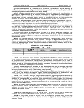 Viernes 28 de octubre de 2016 DIARIO OFICIAL (Primera Sección) 55
Las Direcciones Generales de Tecnologías de la Información y de Estadística Judicial realizarán las
modificaciones necesarias a la configuración del sistema computarizado para la recepción y distribución de
asuntos en la oficina de correspondencia común de que se trata.
Artículo 4. Durante el periodo que comprenderá del uno al treinta de noviembre de dos mil dieciséis, los
nuevos asuntos que se presenten en la Oficina de Correspondencia Común de los Tribunales Colegiados en
Materia Administrativa del Tercer Circuito, con residencia en Zapopan, Jalisco, en días y horas hábiles, se
remitirán a los Tribunales Colegiados Sexto y Séptimo en Materia Administrativa del Tercer Circuito, con
residencia en Zapopan, Jalisco, a través del sistema computarizado que se utiliza para esos efectos.
Los asuntos relacionados serán turnados al órgano jurisdiccional que tenga los antecedentes, conforme a
lo dispuesto en el Acuerdo General del Pleno del Consejo de la Judicatura Federal que establece las
disposiciones en materia de actividad administrativa de los órganos jurisdiccionales.
Transcurrido el plazo señalado en el primer párrafo de este artículo, los asuntos nuevos se distribuirán
entre los siete Tribunales Colegiados en Materia Administrativa del Tercer Circuito, con residencia en
Zapopan, Jalisco, a través del sistema computarizado, conforme a lo dispuesto por el Acuerdo General del
Pleno del Consejo de la Judicatura Federal que establece las disposiciones en materia de actividad
administrativa de los órganos jurisdiccionales.
La Comisión de Creación de Nuevos Órganos, con base en los estudios respectivos que someta a su
consideración la Secretaría Ejecutiva de Carrera Judicial y Creación de Nuevos Órganos, estará facultada
para concluir de manera anticipada o prorrogar, en su caso, el plazo de exclusión de turno de nuevos asuntos
previsto en este artículo.
Artículo 5. Al finalizar el periodo de exclusión de turno previsto en el artículo anterior y dentro de los cinco
días hábiles siguientes, los Presidentes de los Tribunales Colegiados en Materia Administrativa del Tercer
Circuito, con residencia en Zapopan, Jalisco, deberán informar a la Secretaría Ejecutiva de Carrera Judicial y
Creación de Nuevos Órganos, sobre la productividad obtenida con la aplicación de la medida de que se trata,
conforme a la siguiente tabla:
MOVIMIENTO TOTAL DE ASUNTOS.
PERIODO DEL ___ AL ___ DE 20 ___
ÓRGANO
EXISTENCIA
INICIAL
INGRESO EGRESO EXISTENCIA FINAL
Artículo 6. Los Presidentes de los Tribunales Colegiados Sexto y Séptimo en Materia Administrativa del
Tercer Circuito, con residencia en Zapopan, Jalisco, con asistencia de un secretario, deberán autorizar el uso
de libros de gobierno nuevos en los que se asentará la certificación correspondiente, en los cuales se
registrarán los asuntos que reciban con motivo de su inicio de funciones; conforme a lo dispuesto en el
Acuerdo General del Pleno del Consejo de la Judicatura Federal que establece las disposiciones en materia
de actividad administrativa de los órganos jurisdiccionales.
Asimismo, deberán levantar por duplicado un acta administrativa del inicio de funciones del órgano
jurisdiccional, cuyo formato le será proporcionado por la Secretaría Ejecutiva de Carrera Judicial y Creación
de Nuevos Órganos, debiendo remitir un ejemplar a la propia Secretaría.
Artículo 7. Los Presidentes de los Tribunales Colegiados Sexto y Séptimo en Materia Administrativa del
Tercer Circuito, con residencia en Zapopan, Jalisco, deberán remitir dentro de los primeros cinco días
naturales de cada mes su reporte estadístico a la Dirección General de Estadística Judicial.
Artículo 8. Los Tribunales Colegiados Sexto y Séptimo en Materia Administrativa del Tercer Circuito en
Zapopan, Jalisco, formarán parte del Pleno en Materia Administrativa del Tercer Circuito a partir del uno de
noviembre de dos mil dieciséis, de conformidad con lo establecido por el Acuerdo General 8/2015 del Pleno
del Consejo de la Judicatura Federal, relativo a la integración y funcionamiento de los Plenos de Circuito, para
lo cual informará lo conducente a las Secretarías Ejecutivas de Carrera Judicial y Creación de Nuevos
Órganos; así como de Adscripción.
Artículo 9. El Pleno del Consejo de la Judicatura Federal y las Comisiones de Creación de Nuevos
Órganos; de Carrera Judicial; y de Administración, en el ámbito de sus respectivas competencias, estarán
facultados para interpretar y resolver cualquier cuestión administrativa que se suscite con motivo de la
aplicación del presente Acuerdo.
TRANSITORIOS
PRIMERO. El presente Acuerdo entrará en vigor el treinta y uno de octubre de dos mil dieciséis, con
excepción de lo previsto en el transitorio CUARTO, que entrará en vigor el día de su aprobación.
SEGUNDO. Publíquese el Acuerdo en el Diario Oficial de la Federación, y para su mayor difusión en el
Semanario Judicial de la Federación y su Gaceta; así como en el portal de Internet del Consejo de la
Judicatura Federal.
 