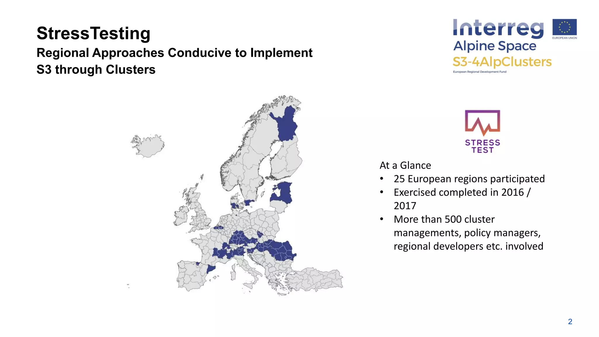 StressTesting
Regional Approaches Conducive to Implement
S3 through Clusters
2
At a Glance
• 25 European regions participated
• Exercised completed in 2016 /
2017
• More than 500 cluster
managements, policy managers,
regional developers etc. involved
 