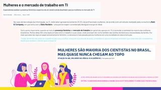 HTTPS://CONSUMIDORMODERNO.COM.BR/2023/03/07/MULHERES-TI-MERCADO-TECNOLOGIA/
HTTPS://WWW.ABC.ORG.BR/2023/01/17/MULHERES-SAO-MAIORIA-DOS-CIENTISTAS-NO-BRASIL-MAS-QUASE-NUNCA-CHEGAM-AO-TOPO/
 