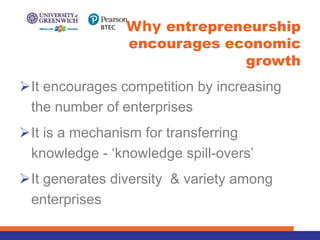 ØIt encourages competition by increasing
the number of enterprises
ØIt is a mechanism for transferring
knowledge - ‘knowledge spill-overs’
ØIt generates diversity & variety among
enterprises
Why entrepreneurship
encourages economic
growth
 