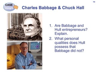 1. Are Babbage and
Hull entrepreneurs?
Explain.
2. What personal
qualities does Hull
possess that
Babbage did not?
Charles Babbage & Chuck Hall
CASE
insight
19
 