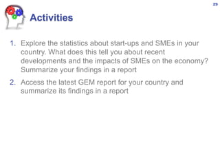1. Explore the statistics about start-ups and SMEs in your
country. What does this tell you about recent
developments and the impacts of SMEs on the economy?
Summarize your findings in a report
2. Access the latest GEM report for your country and
summarize its findings in a report
Activities
29
 