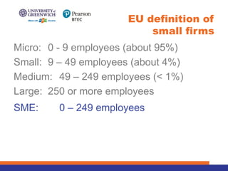Micro: 0 - 9 employees (about 95%)
Small: 9 – 49 employees (about 4%)
Medium: 49 – 249 employees (< 1%)
Large: 250 or more employees
SME: 0 – 249 employees
EU definition of
small firms
 