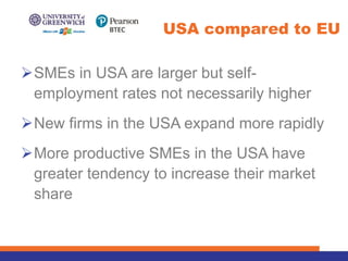 ØSMEs in USA are larger but self-
employment rates not necessarily higher
ØNew firms in the USA expand more rapidly
ØMore productive SMEs in the USA have
greater tendency to increase their market
share
USA compared to EU
 
