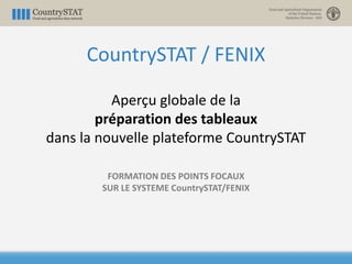 CountrySTAT / FENIX
Aperçu globale de la
préparation des tableaux
dans la nouvelle plateforme CountrySTAT
FORMATION DES POINTS FOCAUX
SUR LE SYSTEME CountrySTAT/FENIX
 