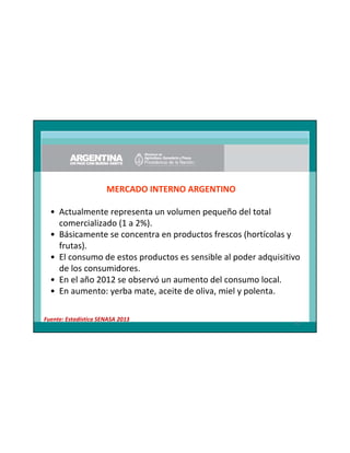 MERCADO INTERNO ARGENTINO
• Actualmente representa un volumen pequeño del total
comercializado (1 a 2%).
• Básicamente se concentra en productos frescos (hortícolas y
frutas).
• El consumo de estos productos es sensible al poder adquisitivo
de los consumidores.
• En el año 2012 se observó un aumento del consumo local.
• En aumento: yerba mate, aceite de oliva, miel y polenta.
Fuente: Estadística SENASA 2013

61

 