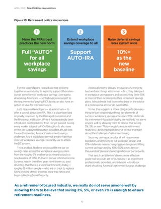 10
APRIL 2013 | New thinking, new solutions
Figure 10. Retirement policy innovations
1
Make the PPA’s best
practices the new norm
Full “AUTO”
for all
workplace
savings
2
Extend workplace
savings coverage to all
Support
AUTO-IRA
3
Raise deferral savings
rates system wide
10%+
as the
new
baseline
For the second point, I would ask that we come
together as an industry to explicitly support the exten-
sion of some form of workplace savings coverage to
all working Americans — so that everyone subject to
the requirement of paying FICA taxes can also have an
option to save for their own future.
Let’s require all employers — at a minimum — to
offer a payroll deduction IRA. This is a bipartisan idea
originally proposed by the Heritage Foundation and
the Brookings Institution. While it has repeatedly been
introduced into legislation, it has not yet passed. Giving
every worker subject to FICA the option to also save
on the job via payroll deduction would be a huge step
forward to meeting America’s retirement savings
challenge. And it would also correct a major flaw that
critics of workplace savings constantly use to attack
the DC system.
Third and last, I believe we should lift the bar on
savings rates across the workplace savings system
from the roughly 7% level we’ve achieved today to a
new baseline of 10%+. Putnam’s annual Lifetime Income
Surveys, now in their third year, have shown us, past
doubting, that there is a significant minority today —
roughly 19 million people — who are on track to replace
100% or more of their incomes once they retire and
begin collecting Social Security.
Across all income groups, this successful minority
has two basic things in common — first, they take part
in workplace savings plans and second, they defer 10%
or more of their incomes into their retirement savings
plans. I should note that those who draw on the advice
of a professional advisor do even better.
To me, this suggests a moral obligation to do every-
thing we can to generalize these key elements of
success: workplace savings access and 10%+ deferrals.
As a retirement-focused industry, we really do not serve
anyone well by allowing them to believe that saving
3%, 5%, or even 7% is enough to ensure retirement
readiness. I believe people deserve to hear this truth
about the challenge of retirement saving.
Securing savings access for all will require new
legislation, and moving to full-auto plan design and
10%+ deferrals means changing plan design and lifting
current savings rates by 40%–50% across tens of
thousands of plans and among millions of participants.
That said, I can’t think of clearer, more effective
goals that we could set for ourselves — as investment
professionals, providers, and advisors — to do our
share of solving America’s retirement savings challenge.
As a retirement-focused industry, we really do not serve anyone well by
allowing them to believe that saving 3%, 5%, or even 7% is enough to ensure
retirement readiness.
 