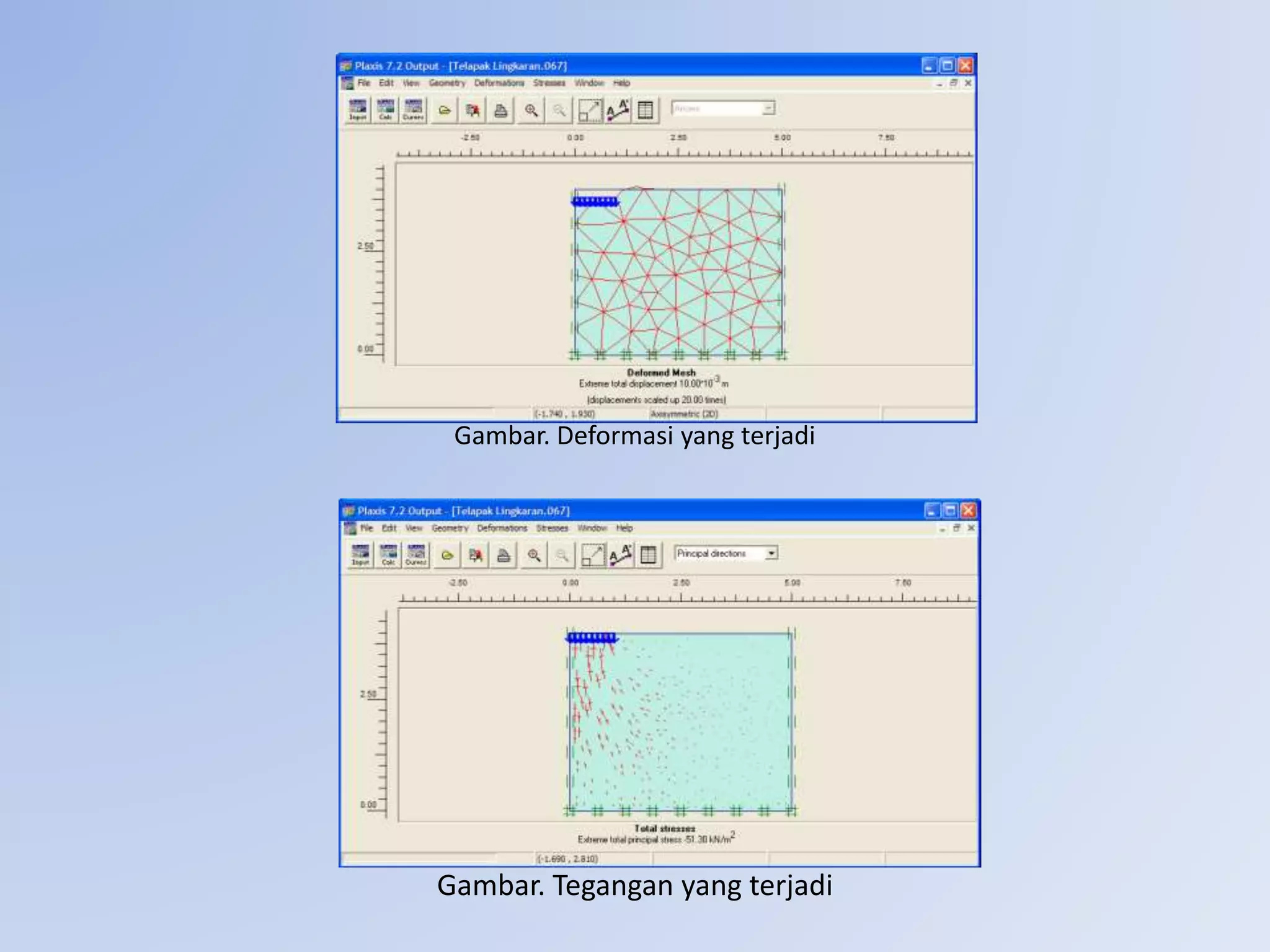 Gambar. Deformasi yang terjadi
Gambar. Tegangan yang terjadi
 