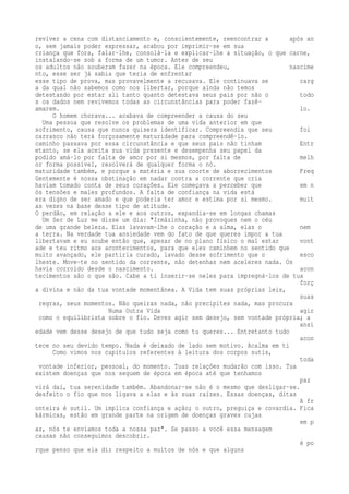 reviver a cena com distanciamento e, conscientemente, reencontrar a após an 
o, sem jamais poder expressar, acabou por imprimir-se em sua 
criança que fora, falar-lhe, consolá-la e explicar-lhe a situação, o que carne, 
instalando-se sob a forma de um tumor. Antes de seu 
os adultos não souberam fazer na época. Ele compreendeu, nascime 
nto, esse ser já sabia que teria de enfrentar 
esse tipo de prova, mas provavelmente a recusava. Ele continuava se carg 
a da qual não sabemos como nos libertar, porque ainda não temos 
detestando por estar ali tanto quanto detestava seus pais por não o todo 
s os dados nem revivemos todas as circunstâncias para poder fazê-amarem. 
lo. 
O homem chorava... acabava de compreender a causa do seu 
Uma pessoa que resolve os problemas de uma vida anterior em que 
sofrimento, causa que nunca quisera identificar. Compreendia que seu foi 
carrasco não terá forçosamente maturidade para compreendê-lo. 
caminho passava por essa circunstância e que seus pais não tinham Entr 
etanto, se ela aceita sua vida presente e desempenha seu papel da 
podido amá-lo por falta de amor por si mesmos, por falta de melh 
or forma possível, resolverá de qualquer forma o nó. 
maturidade também, e porque a matéria e sua coorte de aborrecimentos Freq 
üentemente é nossa obstinação em nadar contra a corrente que cria 
haviam tomado conta de seus corações. Ele começava a perceber que em n 
ós tensões e males profundos. A falta de confiança na vida está 
era digno de ser amado e que poderia ter amor e estima por si mesmo. muit 
as vezes na base desse tipo de atitude. 
O perdão, em relação a ele e aos outros, expandia-se em longas chamas 
Um Ser de Luz me disse um dia: "Irmãzinha, não provoques nem o céu 
de uma grande beleza. Elas lavavam-lhe o coração e a alma, elas o nem 
a terra. Na verdade tua ansiedade vem do fato de que queres impor a tua 
libertavam e eu soube então que, apesar de no plano físico o mal estar vont 
ade e teu ritmo aos acontecimentos, para que eles caminhem no sentido que 
muito avançado, ele partiria curado, lavado desse sofrimento que o esco 
lheste. Move-te no sentido da corrente, não detenhas nem aceleres nada. Os 
havia corroído desde o nascimento. acon 
tecimentos são o que são. Cabe a ti inserir-se neles para impregná-los de tua 
forç 
a divina e não da tua vontade momentânea. A Vida tem suas próprias leis, 
suas 
regras, seus momentos. Não queiras nada, não precipites nada, mas procura 
Numa Outra Vida agir 
como o equilibrista sobre o fio. Deves agir sem desejo, sem vontade própria; a 
ansi 
edade vem desse desejo de que tudo seja como tu queres... Entretanto tudo 
acon 
tece no seu devido tempo. Nada é deixado de lado sem motivo. Acalma em ti 
Como vimos nos capítulos referentes à leitura dos corpos sutis, 
toda 
vontade inferior, pessoal, do momento. Tuas relações mudarão com isso. Tua 
existem doenças que nos seguem de época em época até que tenhamos 
paz 
virá daí, tua serenidade também. Abandonar-se não é o mesmo que desligar-se. 
desfeito o fio que nos ligava a elas e às suas raízes. Essas doenças, ditas 
A fr 
onteira é sutil. Um implica confiança e ação; o outro, preguiça e covardia. Fica 
kármicas, estão em grande parte na origem de doenças graves cujas 
em p 
az, nós te enviamos toda a nossa paz". Se passo a você essa mensagem 
causas não conseguimos descobrir. 
é po 
rque penso que ela diz respeito a muitos de nós e que alguns 
 