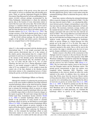 a preliminary analysis of the gravity survey data across all
four rounds of surveys to eliminate data with possible gross
errors. Third, we used the Adjustment Program for Mobile
Gravimetric Data Measured by LaCoste and Romberg Gravi-
meters (LGADJ) software package recommended by the
China Earthquake Administration to obtain the (absolute)
gravity data at the location of every observation station in
each of the four years with survey data. The LGADJ software
package is a standard software package that can be used to
integrate absolute and relative gravity survey data and com-
pute the final absolute gravity data at all relative gravity ob-
servation stations (Liu et al., 1991; Wu et al., 1995). The
average accuracy of the final adjusted gravity data at each
relative gravity observation station was better than 15 μGal.
In the LGADJ software package, the ratio between the
weights of the absolute and relative gravity observational
data was assigned based on the formula given as
Pa
Pr

2m2
r
m2
a
; (1)
where Pa is the weight associated with the absolute gravity
observational data, Pr is the weight associated with the
relative gravity observational data, m2
r is the variance of
the relative gravity observational data for a single LCR-G
gravimeter in each way of a round-trip survey route, and m2
a
is the variance of the absolute gravity observational data.
Based on the observational data, the calculated value of
mr was 17 μGal, and the value of ma was 5 μGal.
Therefore, the ratio was 23 to 1. During adjustment compu-
tation, Pr was usually assigned a value of 1. Therefore, a
value of 23 was assigned to Pa as the weight to ensure the
control role of the data obtained at the absolute gravity
observation stations in the computational process of deter-
mining the gravity at all relative gravity observation stations.
Estimation of Hydrologic Effects on Gravity
Although the schedule of conducting the ground gravity
surveys in the same months in different years helps minimize
seasonal hydrologic effects on the observed gravity changes
at the same station between different years, it is still impor-
tant to estimate the hydrologic effects on gravity to ensure
that gravity variations caused by hydrologic effects are with-
in a tolerable range relative to the level of gravity changes in
the region in question. We used water storage data from the
Global Land Data Assimilation System (GLDAS; Rodell
et al., 2004) to calculate hydrologic effects on gravity.
Details of the procedures of using GLDAS to calculate
hydrologic effects on gravity are described in a recent paper
(Zhou et al. 2009). A complete account of hydrologic effects
on gravity, and their impacts on gravity variations in the
region will be discussed in a separate article (J. C. Zhou et al.,
personal comm., 2010). When analyzing the hydrologic
effects, we first estimated the hydrologic effects at each
observation station in every year with survey data based
on the coordinates of a station and the date and year of the
corresponding ground gravity measurements at that station.
We then adjusted the gravity value at each station using the
estimated hydrologic effects to determine the gravity value at
that station.
Some basic statistics reflecting the estimated hydrologic
effects on gravity changes are summarized in Table 1. For the
four time intervals listed in Table 1, we calculated the differ-
ences between gravity changes corresponding to each of the
four time intervals with and without adjustments of hydrolo-
gic effects. The maximum, minimum, average, median, and
the standard deviation (STDEV) of the differences of gravity
changes associated with each of the four time intervals are
shown in Table 1. The average difference associated with each
of the four time intervals varied from 1:7 to 4:9 μGal, and
they arewell within the error budget of thegravity survey data.
Analysis results suggest that adjustments of hydrologic
effects on gravity changes at a station between two time
periods are in the range of 15 to 20 μGal. This range of
hydrologic effects brings some uncertainties to the gravity
variations reported in this article. But as will be seen in the
next section, this range is tolerable given the level of most
gravity changes exhibited at some locations in the region.
Another concern is the effects of the construction of the
Zipingpu reservoir on gravity in the area because the reser-
voir was only about 17-km east of the epicenter of the 2008
Wenchuan earthquake. It should be noted that the Zipingpu
reservoir started accumulating water in September of 2005,
and the reservoir was full in October 2006 (Zhang et al.,
2009). The two observation stations closest to the reservoir
were the Chengdu station and the Wenchuan station. The
ground gravity measurements at these two stations were
completed before September 2005. Therefore, water
impoundment in the reservoir should not affect the results
reported in this article. In addition, these two stations are
more than 40-km away from the reservoir. Recent studies
in China about the effects of the Three Gorges Dam reservoir
on gravity in its surrounding areas suggested that the effects
of reservoirs on gravity are mostly local (Sun et al., 2006;
Zhu et al., 2009). It should be pointed out that the Three
Gorges Dam reservoir is more than 700 kilometers away
from Wenchuan and is not within the study area. Under
any circumstances as stated previously, we estimated the
hydrologic effects on gravity in the region, including
Table 1
Estimates of Hydrologic Effects*
1998–2000 2000–2002 2002–2005 1998–2005
Max 10.5 15.4 10.4 12.2
Min 9:9 1:8 8:8 4:5
Average 1:7 4.9 1.7 4.9
Median 2:7 4.9 1.9 5.0
Standard deviation
(STDEV)
3.3 3.2 4.1 3.5
*Values shown in the table are the differences of gravity changes (in
μGal) with or without adjustments of hydrologic effects.
2818 Y. Zhu, F. B. Zhan, J. Zhou, W. Liang, and Y. Xu
 