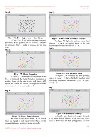 International Journal on Recent and Innovation Trends in Computing and Communication ISSN: 2321-8169
Volume: 5 Issue: 8 142 – 149
_______________________________________________________________________________________________
148
IJRITCC | August 2017, Available @ http://www.ijritcc.org
_______________________________________________________________________________________
Step 2:
Figure 7.6: Node Deployment – Final Stage.
In figure 7.6, all the sensor nodes acquire the
predefined fixed position in the wireless network
environment. The 81st
node is assumed as the sink
node.
Step 3:
Figure 7.7: Cluster formation
In figure 7.7, after the node deployment in the
WSN environment, the cluster formation mechanism is
applied. Based on the node density and distance (50
meters), the clusters are formed. For the present network
scenario, a total of 9 clusters are formed.
Step 4:
Figure 7.8: Cluster Head Selection.
As shown in the above figure 7.8, the cluster
heads are elected to each cluster formed based on the
energy and distance weights of each sensor node.
Step 5:
Figure 7.9: Assistant Cluster Head Selection.
The figure 7.9 depicts the assistant cluster head
selection. The ACHs are selected based on the same
procedure followed for the selection of CH.
Step 6:
Figure 7.10: Date Gathering Stage.
The figure 7.10, illustrates the data gathering
process at cluster – 1. Here, the cluster members send
their sensed information (data) to their respective cluster
heads (CH).
Step 7:
Figure 7.11: Data Transfer Stage.
In figure 7.11, the data transfer stage is depicted.
In this stage, the data gathered by the individual cluster
heads is transferred to their corresponding assistant
 