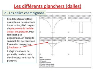 Les différents planchers (dalles)
• Ces dalles transmettent
aux poteaux des réactions
importantes, d’où risques
de pincement de la dalle
autour des poteaux. Pour
remédier à ce
phénomène, on élargit le
sommet des poteaux sous
forme de champignon
(chapiteau).
Il s’agit d’un tronc de
pyramide ou d’un tronc
de cône apparent sous le
plancher.
d . Les dalles champignons
 