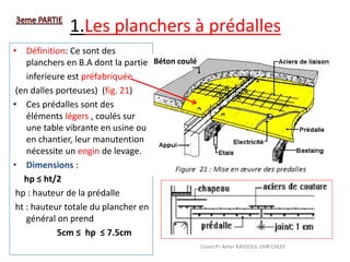 1.Les planchers à prédalles
• Définition: Ce sont des
planchers en B.A dont la partie
inferieure est préfabriquée
(en dalles porteuses) (fig. 21)
• Ces prédalles sont des
éléments légers , coulés sur
une table vibrante en usine ou
en chantier, leur manutention
nécessite un engin de levage.
• Dimensions :
hp ≤ ht/2
hp : hauteur de la prédalle
ht : hauteur totale du plancher en
général on prend
5cm ≤ hp ≤ 7.5cm
Béton coulé
Cours Pr Amar KASSOUL UHB CHLEF
 