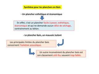 - Un plancher esthétique et économique
- Le plancher bois, un mauvais isolant
En effet, c'est un plancher facile à poser, esthétique,
économique et qui ne demande aucun délai de séchage,
contrairement au béton.
Les principales limites du plancher bois
concernent l'isolation acoustique.
Un autre inconvénient du plancher bois est
son classement anti-feu souvent trop faible.
Synthèse pour les planchers en Bois
 