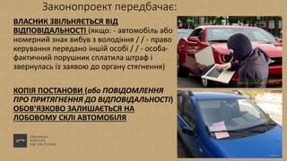 Законопроект передбачає:
ВЛАСНИК ЗВІЛЬНЯЄТЬСЯ ВІД
ВІДПОВІДАЛЬНОСТІ (якщо: - автомобіль або
номерний знак вибув з володіння / / - право
керування передано іншій особі / / - особа-
фактичний порушник сплатила штраф і
звернулась із заявою до органу стягнення)
КОПІЯ ПОСТАНОВИ (або ПОВІДОМЛЕННЯ
ПРО ПРИТЯГНЕННЯ ДО ВІДПОВІДАЛЬНОСТІ)
ОБОВ’ЯЗКОВО ЗАЛИШАЄТЬСЯ НА
ЛОБОВОМУ СКЛІ АВТОМОБІЛЯ
 