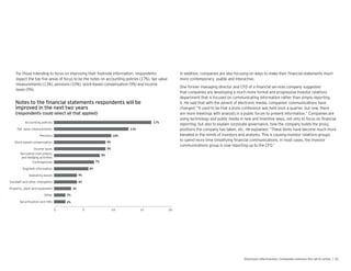 For those intending to focus on improving their footnote information, respondents
expect the top ve areas of focus to be the notes on accounting policies (17%), fair value
measurements (13%), pensions (10%), stock-based compensation (9%) and income
taxes (9%).
In addition, companies are also focusing on ways to make their nancial statements much
more contemporary, usable and interactive.
One former managing director and CFO of a nancial services company suggested
that companies are developing a much more formal and progressive investor relations
department that is focused on communicating information rather than simply reporting
it. He said that with the advent of electronic media, companies’ communications have
changed: “It used to be that a press conference was held once a quarter, but now, there
are more meetings with analysts in a public forum to present information.” Companies are
using technology and public media in new and inventive ways, not only to focus on nancial
reporting, but also to explain corporate governance, how the company builds the proxy,
positions the company has taken, etc. He explained: “These items have become much more
elevated in the minds of investors and analysts. This is causing investor relations groups
to spend more time simplifying nancial communications. In most cases, the investor
communications group is now reporting up to the CFO.”
2%
2%
3%
4%
4%
6%
7%
8%
9%
9%
10%
13%
17%
0 5 10 15 20
Securitization and VIEs
Other
Property, plant and equipment
Goodwill and other intangibles
Operating leases
Segment information
Contingencies
Derivative instruments
and hedging activities
Income taxes
Stock-based compensation
Pensions
Fair value measurements
Accounting policies
 