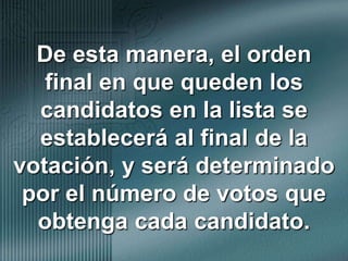 De esta manera, el orden final en que queden los candidatos en la lista se establecerá al final de la votación, y será determinado por el número de votos que obtenga cada candidato. 