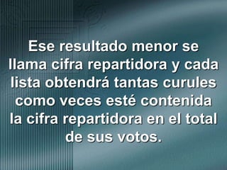 Ese resultado menor se llama cifra repartidora y cada lista obtendrá tantas curules como veces esté contenida la cifra repartidora en el total de sus votos. 