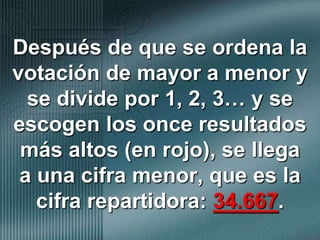 Después de que se ordena la votación de mayor a menor y se divide por 1, 2, 3… y se escogen los once resultados más altos (en rojo), se llega a una cifra menor, que es la cifra repartidora: 34.667. 