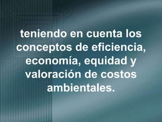 teniendo en cuenta los conceptos de eficiencia, economía, equidad y valoración de costos ambientales.