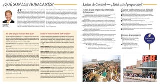 ¿QUÉ SON LOS HURACANES?                                                                                                                                                                                                                 Listas de Control — ¿Está usted preparado?
                                            ¡H           ola! Al obtener nuestra guía de seguimiento de huracanes (Hurricane           océano son cálidas y no se espera El Niño, por lo tanto, no hay vientos de alto nivel para
                                                                                                                                       ayudar a derribar los huracanes en desarrollo. Por supuesto, saber cuántos son no siempre es
                                                                                                                                                                                                                                        Antes de que empiece la temporada                                                                                                 Cuando existe amenaza de huracán
                                                                                                                                                                                                                                        de huracanes
                                                         Tracking Guide), usted quizás desconozca que solo en la última
                                                                                                                                                                                                                                                                                                                                                                          ■ Debido a que el suministro de agua se puede contaminar, almacene agua potable en recipientes
                                                         temporada del Atlántico se produjo un número record de tormentas              tan importante como hacia dónde van, y eso es muy difícil de predecir. Pero sabemos por la
                                                                                                                                                                                                                                                                                                                                                                            limpios, tinas de baño, botellas, cacerolas, etc.
                                              y huracanes. ¡Diecinueve tormentas ocupando el tercer lugar en la historia, de           sequía que la alta presión de las Bermudas (Bermuda High Pressure) es fuerte y cuando es
                                                                                                                                                                                                                                        ■ Abastézcase de alimentos no perecederos, agua potable, pilas, pañales, fórmula para bebés,                                      ■ Asegure los objetos exteriores que puedan ser levantados o lanzados por el aire y guárdelos.
                                              las cuales doce llegaron a ser huracanes categoría 5! – costando $11 millones de         así vemos con frecuencia huracanes entrar al Golfo de Mexico, así que no me sorprendería en
                                                                                                                                                                                                                                          y comida para los animales.Vea la lista de provisiones en la siguiente página.                                                  ■ Llene el tanque de gasolina de su carro. Puede que deba evacuar de emergencia y estar detenido
                                              dólares en daños en todo el Caribe y tomando casi 300 vidas. El hecho es, que no         absoluto si ese fuera el caso este año.
                                                                                                                                                                                                                                        ■ Conozca su ruta de evacuación. Sepa a dónde iría y cómo llegaría ahí.                                                             varias horas. Las gasolineras también pueden quedar fuera de servicio.
                                              pasó mucho aquí en los EEUU, pero cada año es diferente, y no por ello, debemos          Así que ¡prepárate! Ten un botiquín, haz un plan, desaloje si así se lo indican. Los
                                                                                                                                                                                                                                        ■ Si está discapacitado o tiene problemas de transporte, vea el recuadro “IMPORTANTE” en la                                       ■ Asegure las casas y las edificaciones poniendo láminas de madera en cada ventana.
                                              sentirnos muy seguros… ¡los años de “calma” nos están engañando!                         funcionarios con quienes he hablado están pidiendo que si usted no está en una zona de oleaje,
                                                                                                                                                                                                                                           siguiente página.                                                                                                                No es adecuado usar cinta.
                                              Dada nuestra situación de sequía severa esta primavera, nosotros honestamente            como Galveston, refúgiese en su hogar o en una estructura segura, permitiendo a las personas
                                                                                                                                                                                                                                        ■ Anote los números de emergencia en la página del mapa de esta guía y manténgala cerca.                                          ■ Amarre bien su bote o muévalo a un lugar seguro designado para ello.
                                              deseamos tener un agradable, calmado sistema tropical por lo que se desea el lado        que deben evacuar salir primero. ¡Nosotros estaremos siguiendo estas tormentas para usted
                                                                                                                                                                                                                                        ■ Elabore una lista de comunicación durante emergencias en caso que quede separado de su                                          ■ Si está en una casa rodante, revise los amarres y evacue. Históricamente, las casas prefabricdas
                                              positivo de la temporada y esperemos que lo peor no se cruce en nuestro camino.          esta temporada como siempre y sepa que puede contar con Local2 Severe Weather Team
                                                                                                                                                                                                                                          familia y amistades. Incluya el número de su casa, trabajo, escuela y celulares, intercambie                                      sufren los daños más severos durante los huracanes.
                                              Sin embargo, la posibilidad está ahí ya que todos los pronósticos iniciales están        para la información más actualizada minuto a minuto para esta temporada de huracanes
                                                                                                                                                                                                                                          la lista con familiares, amigos y vecinos. Guarde la lista en casa, en el trabajo y en sus carros.                              ■ Lleve sus cosas de valor, papeles personales, fotografías familiares y discos de computadora
Por Frank Billingsley,                        advirtiendo de una temporada activa nuevamente… hasta 16 tormentas de las                en el Atlántico!
Jefe Meteorólogo,                                                                                                                                                                                                                       ■ Adicionalmente, designe como contacto alguien que viva fuera de su área para que todos                                            importantes en un recipiente a prueba de agua al nivel más alto en su casa o
                                              cuales ocho o nueve podrían convertirse en vientos de huracanes. Las aguas del           ¡Gracias y manténgase alerta!
KPRC Local 2 News                                                                                                                                                                                                                         puedan comunicarse con dicha persona en caso de una evacuación.                                                                   empáquelos y llévelos.
                                                                                                                                                                                                                                        ■ Tenga a mano una pequeña cantidad de dinero en efectivo. Los bancos pueden cerrar y se                                          ■ Si la autoridad así lo indica, corte todos sus servicios. Desenchufe todos los electrodomésticos.
                                                                                                                                                                                                                                          puede dar el caso que los ATM no funcionen.                                                                                     ■ Cierre todos los tanques de propano.
                                                                                                                                                                                                                                        ■ Asegúrese de tener suficientes medicamentos que requieran receta médica y duren el tiempo
                                                                                                                                                                                                                                          necesario después de la tormenta.
                                                                                                                                                                                                                                        ■ Reabastezca su equipo de primeros auxilios.
          The Saffir-Simpson Hurricane Wind Scale*                                                                     Escala de Huracanes Viento Saffir-Simpson*
          The Saffir-Simpson Hurricane Wind Scale is a 1-5 rating based on the hurricane’s pres-                       La Escala de Huracanes Viento Saffir-Simpson es una evaluación del 1 al 5 basada en
                                                                                                                                                                                                                                        ■ Decida a dónde va a llevar sus mascotas, botes y remolques de viaje en caso de no poder llevarlos.
                                                                                                                                                                                                                                        ■ En muchos albergues públicos no se permiten mascotas. Tenga una lista de lugares que                                            En caso de evacuación
                                                                                                                                                                                                                                          permitan llevar mascotas, incluyendo sus números telefónicos.                                                                   ■ Asegúrese que su tanque de gasolina esté lleno.
          ent intensity. This is used to give an estimate of the potential property damage expected                    la intensidad actual del huracán. Esta escala se utiliza para dar una estimación de los                          ■ Revise todo el equipo que funcione con baterías. En caso de interrupción de los servicios                                       ■ Abastezca su carro con lo necesario como agua,
          along the coast from a hurricane landfall. Wind speed is the determining factor in the                       potenciales daños materiales y de las inundaciones esperadas a lo largo de la costa                                públicos será fundamental tener instalaciones para cocinar y luces de emergencia.                                                 comida, almohadas y cobijas, papel
          scale. Note that all winds are using the U.S. 1-minute average.                                              cuando toque tierra un huracán. La velocidad del vientos es el factor determinante                               ■ Cambie o revise las baterías en las cámaras.Tal vez necesite tomar fotografías de los daños.                                      higiénico, mapas actualizados, provisiones para
                                                                                                                                                                                                                                        ■ Realice un inventario de su casa y sus cosas valiosas. Grabe un video y tome fotografías.                                         bebé, provisiones para mascotas,
                                                                                                                       en la escala. Observe que para todos los vientos se utiliza el promedio 1 minuto de
                                                                                                                                                                                                                                        ■ Verifique la cobertura de seguro sobre:                                                                                           medicamentos recetados y dinero en efectivo.
          Category One Hurricane: Winds 74-95 mph (64-82 kt or 119-153 km/hr). No real damage to building              los EEUU.                                                                                                                   ■ Huracanes — Si lo quiere consígalo ahora porque no                                                                   ■ En caso de necesitar ayuda de la Cruz Roja
          structures. Damage primarily to unanchored mobile homes, shrubbery and trees. Some damage to poorly
                                                                                                                                                                                                                                                      va a poder una vez que entre una tormenta al Golfo de México.                                                         o de FEMA, lleve consigo pruebas de residencia
          constructed signs.                                                                                           Huracán de Categoría Uno: Con vientos de 74 a 95 mph (de 64 a 82 nudos o de 119 a 153 km/hr).
                                                                                                                                                                                                                                                   ■ Seguro para Inundaciones — Si su aseguradora no lo ofrece, el gobierno                                                 como su licencia de conducir, una factura de
                                                                                                                       No ocasiona daños verdaderos a las estructuras de las edificaciones. Daña principalmente a las casas
                                                                                                                                                                                                                                                      Federal sí, pero no tendrá efecto hasta 30 días después de adquirirlo.                                                electricidad o recibo de renta.
          Category Two Hurricane: Winds 96-110 mph (83-95 kt or 154-177 km/hr). Some roofing material, door            rodantes sin sujetar, los arbustos y árboles. Causa ciertos daños a las vallas pobremente construidas.
          and window damage of buildings. Considerable damage to shrubbery and trees with some trees blown
          down. Considerable damage to mobile homes, poorly constructed signs and piers.                               Huracán de Categoría Dos: Con vientos de 96 a 110 mph (de 83 a 95 nudos o de 154 a 177 km/hr).
                                                                                                                       Algunos daños materiales en los techos, puertas y ventanas de las edificaciones. Daños considerables
          Category Three Hurricane: Winds 111-130 mph (96-113 kt or 178-209 km/hr). Some structural                    a los arbustos y árboles arrancando algunos de ellos. Daños de consideración a las casas rodantes, a
          damage to small residences and utility buildings with a minor amount of curtainwall failures. Damage to      carteles pobremente construidos y embarcaderos.
          shrubbery and trees, with foliage blown off trees and large trees blown down. Mobile homes and poorly
          constructed signs are destroyed. Low-lying escape routes are cut by rising water 3-5 hours before arrival    Huracán de Categoría Tres: Con vientos de 111 a 130 mph (de 96 a 113 nudos o de 178 a 209 km/
          of the center of the hurricane. Flooding near the coast destroys smaller structures with larger structures   hr). Ciertos daños estructurales a las viviendas pequeñas y edificios de empresas de servicios públicos
          damaged by battering from floating debris.                                                                   con una mínima cantidad de daños a las fachadas. Daños a los arbustos y árboles con el follaje de los
                                                                                                                       árboles cayéndose y derribando los árboles grandes. Resultan destruidos las casas rodantes y los carte-
          Category Four Hurricane: Winds 131-155 mph (114-135 kt or 210-249 km/hr). More extensive                     les pobremente construidos. Las rutas de evacuación de las zonas bajas se cierran por la crecida de las
          curtainwall failures with some complete roof structure failures on small residences. Shrubs, trees, and      aguas de 3 a 5 horas antes de que llegue el ojo del huracán. La inundación cerca de la costa destruye
          all signs are blown down. Complete destruction of mobile homes. Extensive damage to doors and                las pequeñas estructuras con daños a las grandes estructuras por los golpes de los escombros.
          windows.
                                                                                                                       Huracán de Categoría Cuatro: Con vientos de 131 a 155 mph (de 114 a 135 nudos o de 210 a 249
                                                                                                                       km/hr). Daños más extensos a las paredes de las viviendas pequeñas con algunos daños completos a
          Category Five Hurricane: Winds greater than 155 mph (135 kt or 249 km/hr). Complete roof failure
                                                                                                                       los techos de esas viviendas. Los arbustos, árboles y carteles son arrancados de raíz. Completa destruc-
          on many residences and industrial buildings. Some complete building failures with small utility buildings
                                                                                                                       ción de las casas rodantes. Daños extensos a las puertas y ventanas.
          blown over or away. All shrubs, trees, and signs blown down. Complete destruction of mobile homes.
          Severe and extensive window and door damage.




                                                                                                                                                                                                                                                                                                                                                                                                                                                                                JIMMY LOYD: FOR THE HRONICLE
                                                                                                                       Huracán de Categoría Cinco: Con vientos superiores a las 155 mph (135 nudos o 249 km/hr). Daños




                                                                                                                                                                                                                                                                                                                                               JOHNNY HANSON: CHRONICLE
                                                                                                                       totales a los techos de muchas residencias y edificios industriales. Algunas destrucciones totales de
                                                                                                                       edificios derribados habrán volado. Todos los arbustos, árboles y cartelones derribados. Destrucción total
          * From the National Hurricane Center of the National Weather Service.                                        de las casas rodantes. Daños severos y extensos a las ventanas y puertas.
 