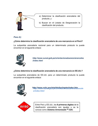 Paso A):
¿Cómo determino la clasificación arancelaria de una mercancía en el Perú?
La subpartida arancelaria nacional para un determinado producto la puede
encontrar en el siguiente enlace:
http://www.sunat.gob.pe/orientacionaduanera/aranceles
/index.html
¿Cómo determino la clasificación arancelaria de una mercancía en EE.UU.?
La subpartida arancelaria de EE.UU. para un determinado producto la puede
encontrar en el siguiente enlace:
http://www.sunat.gob.pe/orientacionaduanera/arancele
s/index.html
http://www.usitc.gov/tata/hts/bychapter/index.htm
a) Determinar la clasificación arancelaria del
producto, y
b) Buscar en el Listado de Desgravación la
clasificación del producto.
Entre Perú y EE.UU., los 6 primeros dígitos de la
clasificación arancelaria son iguales y se le
conoce como Sistema Armonizado (g)
(SA).
 
