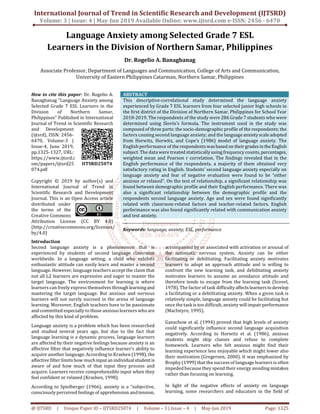 Language Anxiety among Selected Grade 7 ESL Learners in the Division of ...