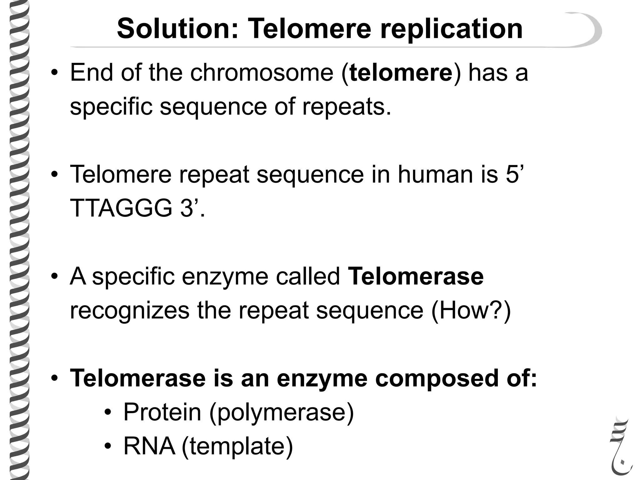 Solution: Telomere replication
• End of the chromosome (telomere) has a
specific sequence of repeats.
• Telomere repeat sequence in human is 5’
TTAGGG 3’.
• A specific enzyme called Telomerase
recognizes the repeat sequence (How?)
• Telomerase is an enzyme composed of:
• Protein (polymerase)
• RNA (template)
 