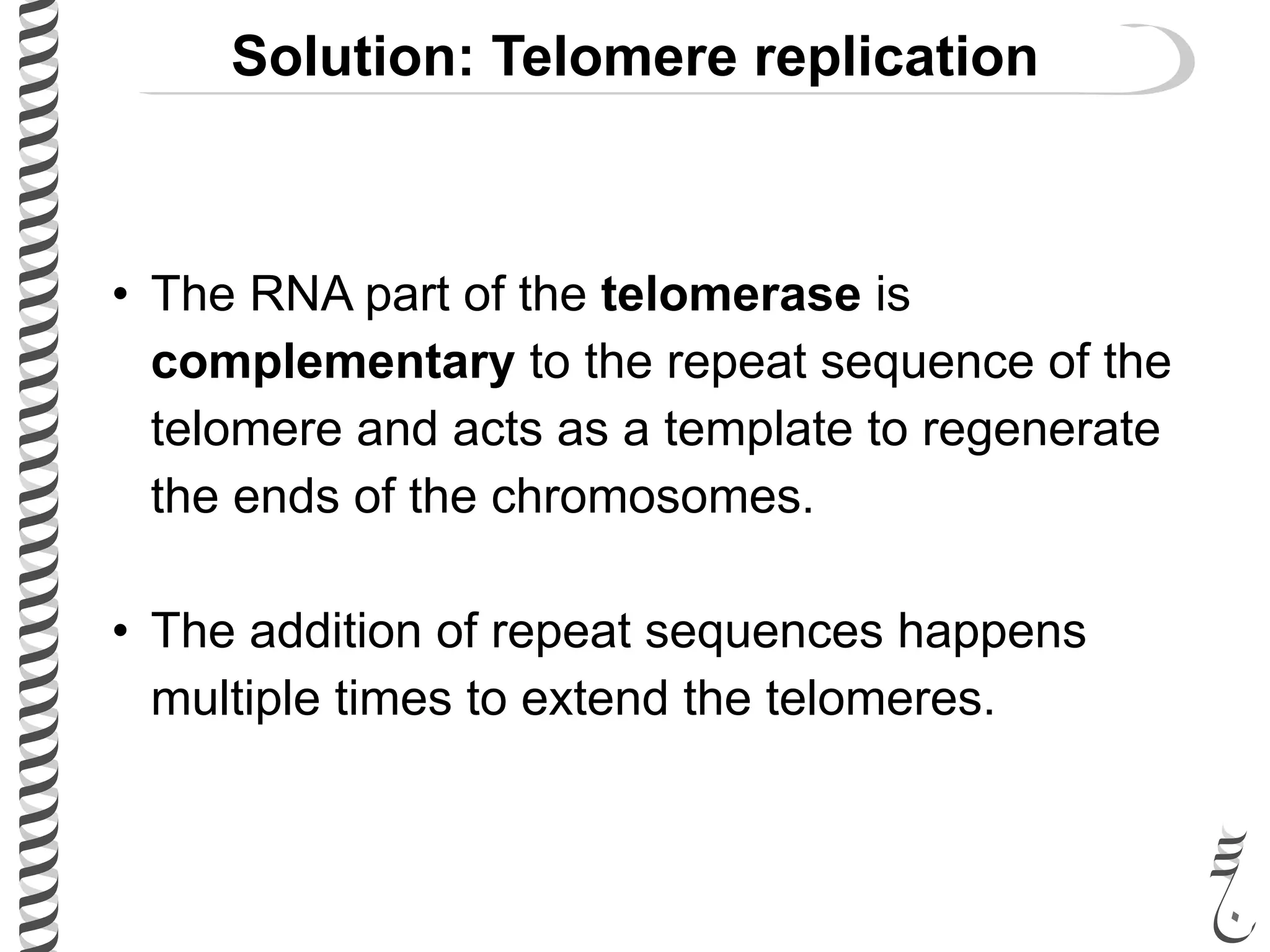 Solution: Telomere replication
• The RNA part of the telomerase is
complementary to the repeat sequence of the
telomere and acts as a template to regenerate
the ends of the chromosomes.
• The addition of repeat sequences happens
multiple times to extend the telomeres.
 