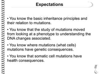 Expectations
• You know the basic inheritance principles and
their relation to mutations.
• You know that the study of mutations moved
from looking at a phenotype to understanding the
DNA changes associated.
• You know where mutations (what cells)
mutations have genetic consequences.
• You know that somatic cell mutations have
health consequences.
 