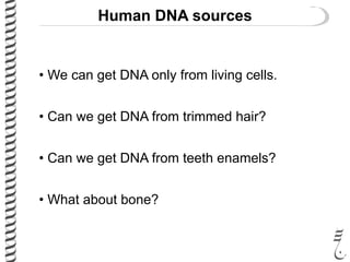 • We can get DNA only from living cells.
• Can we get DNA from trimmed hair?
• Can we get DNA from teeth enamels?
• What about bone?
Human DNA sources
 